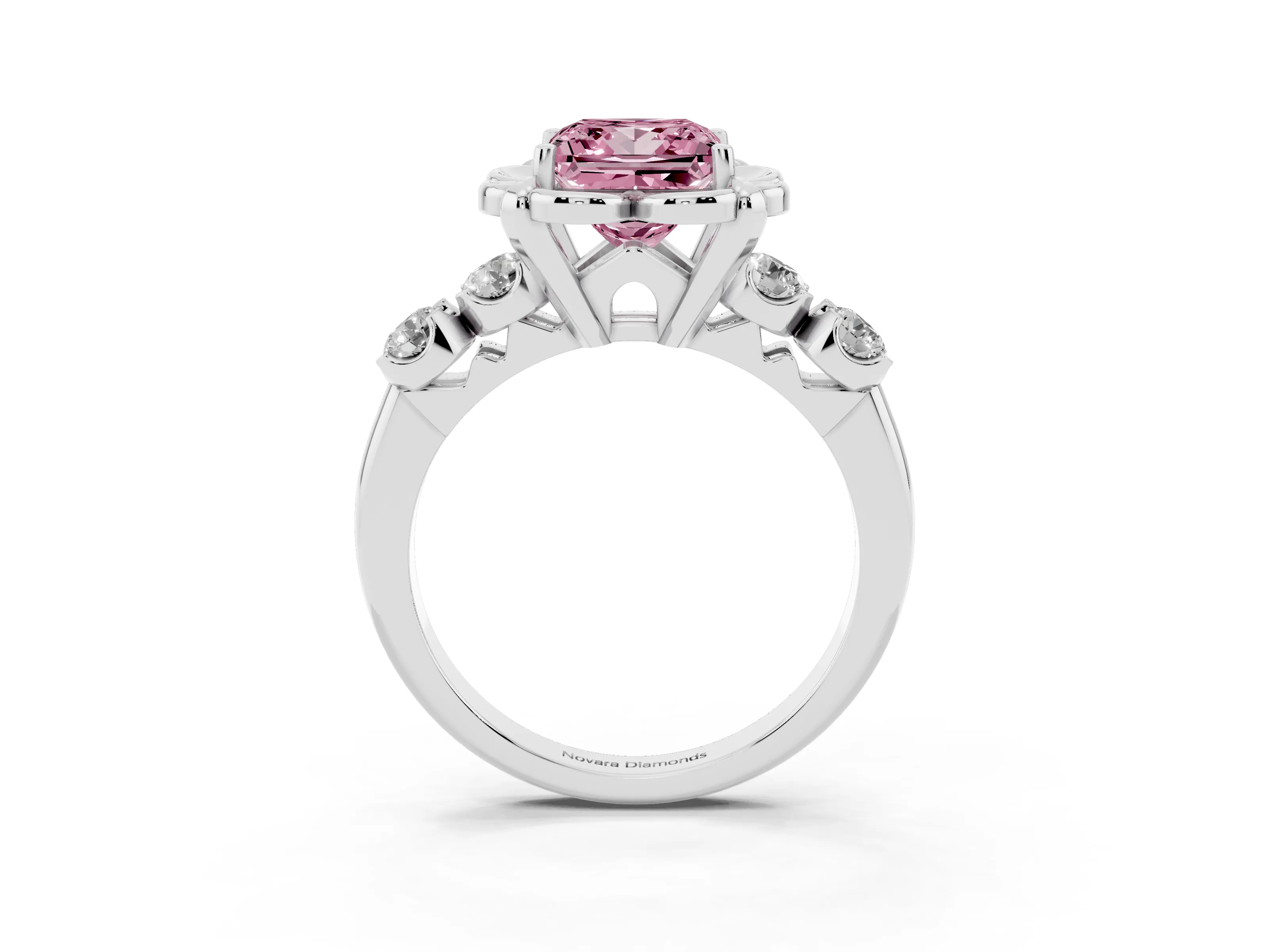 Fancy Pink Princess Cut Diamond Floral Halo Ring Set in Silver with Shared Prong Band