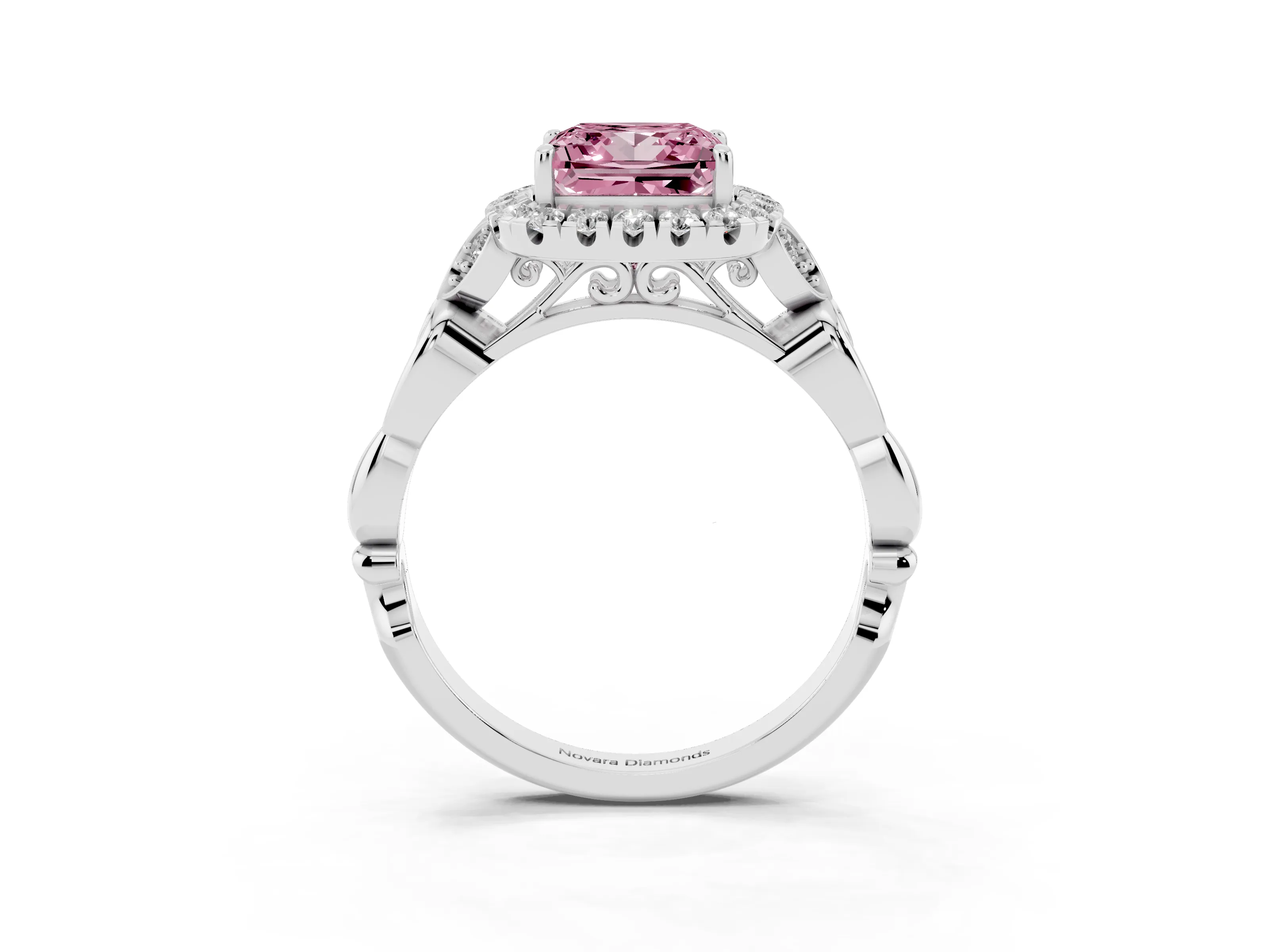 Fancy Pink Princess Cut Diamond Halo Engagement Ring Set in Platinum with Vintage-Inspired Band and Prong Setting