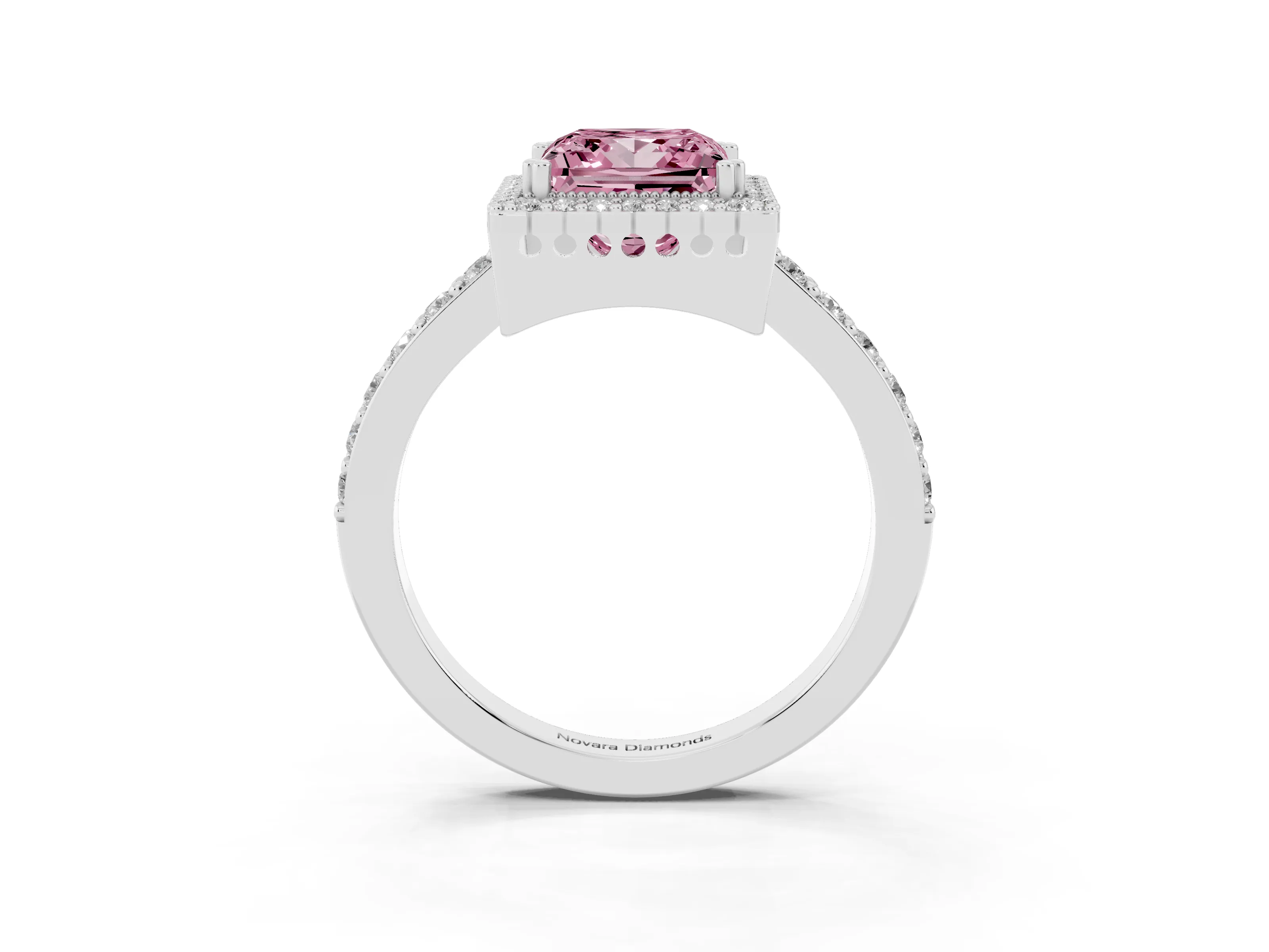 Fancy Pink Princess Cut Diamond Halo Engagement Ring Set in White gold with Milgrain Detail and Pavé Band