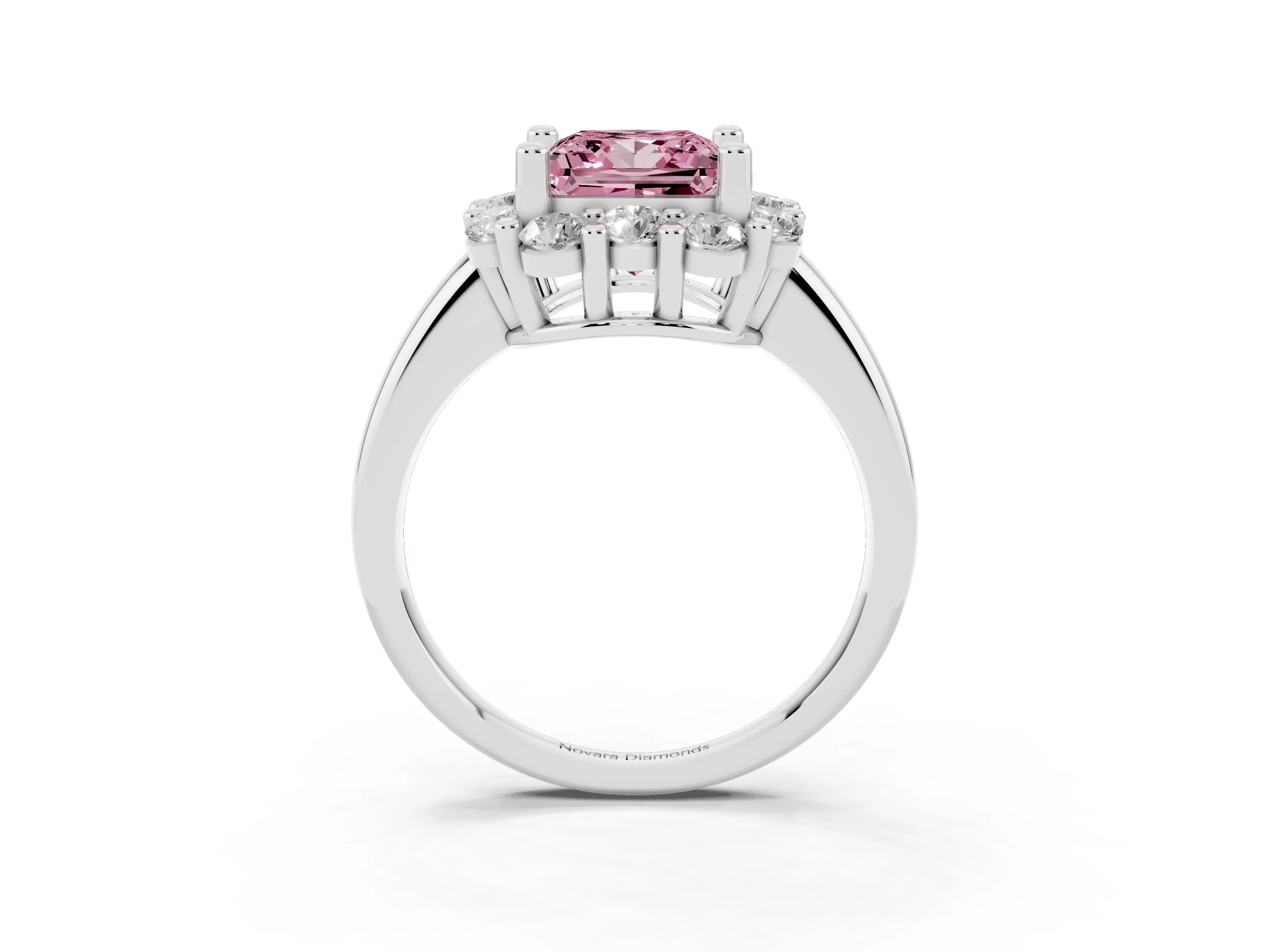 Fancy Pink Princess Cut Diamond Halo Cluster Engagement Ring Set in White gold with Polished Band and Prong Setting