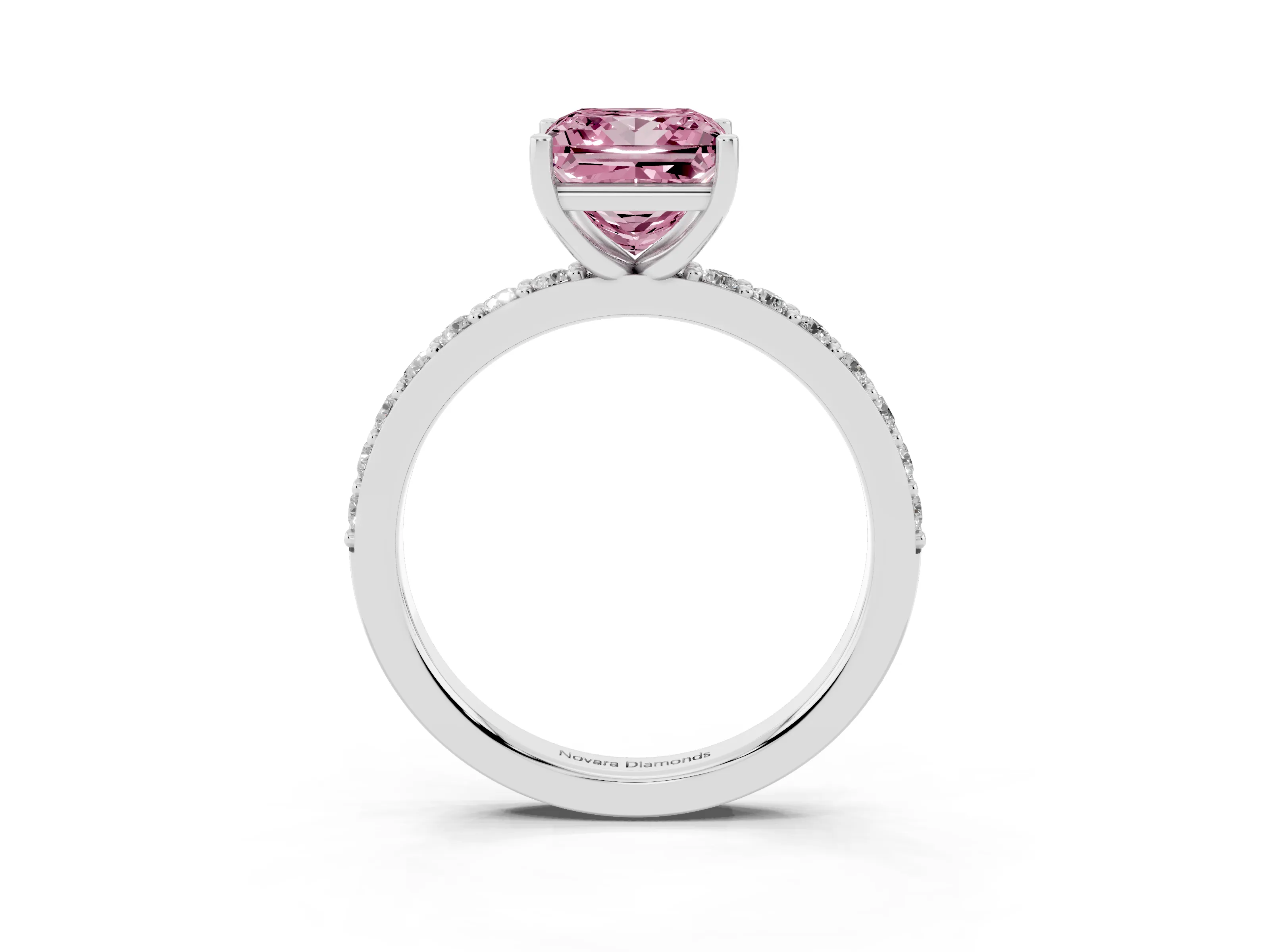 Fancy Pink Princess Cut Diamond Solitaire Set in White gold with Round Pavé Band and Prong Setting
