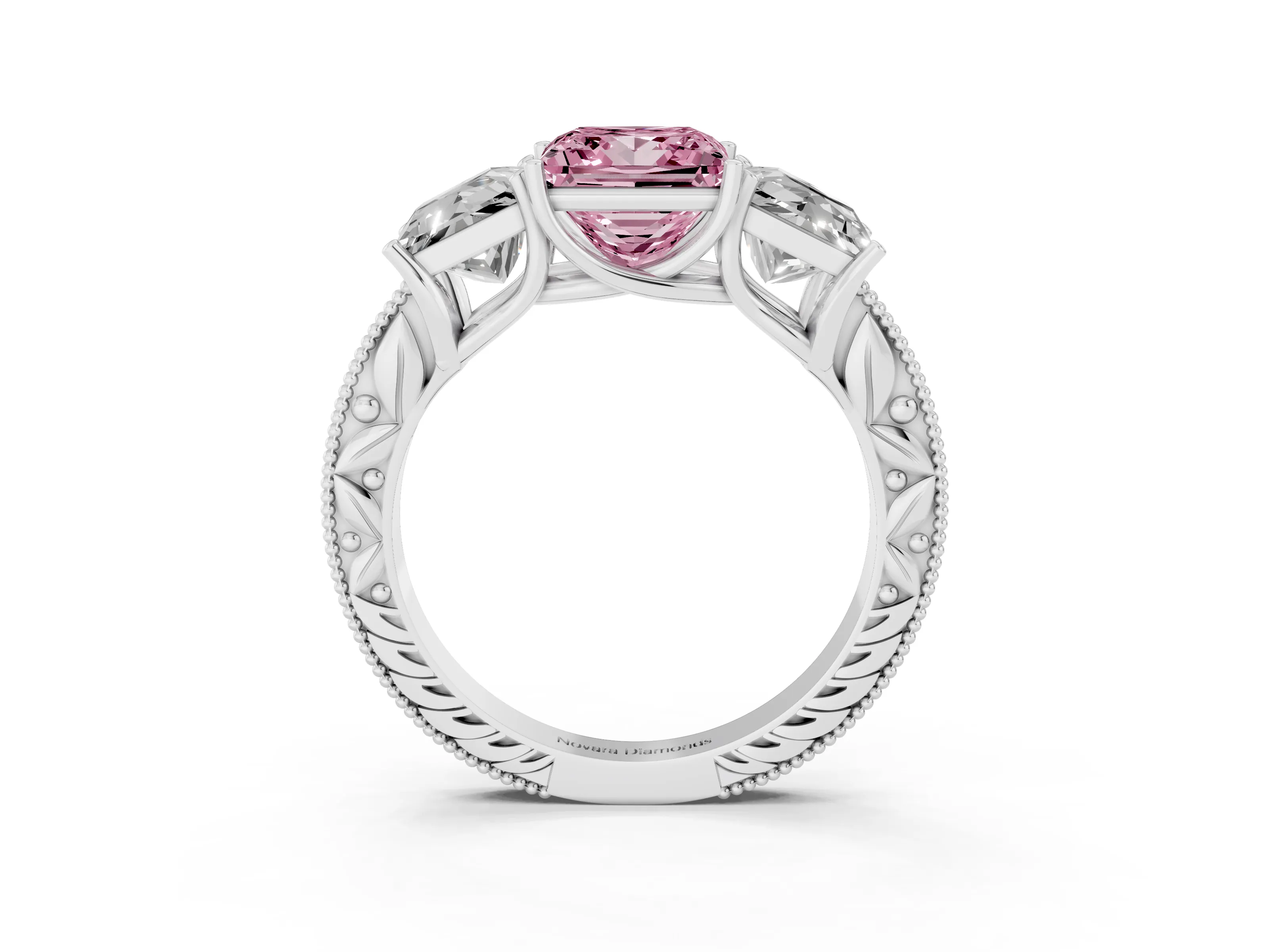 Fancy Pink Princess Cut Diamond Three-Stone Engagement Ring Set in Silver with Milgrain Pavé Band