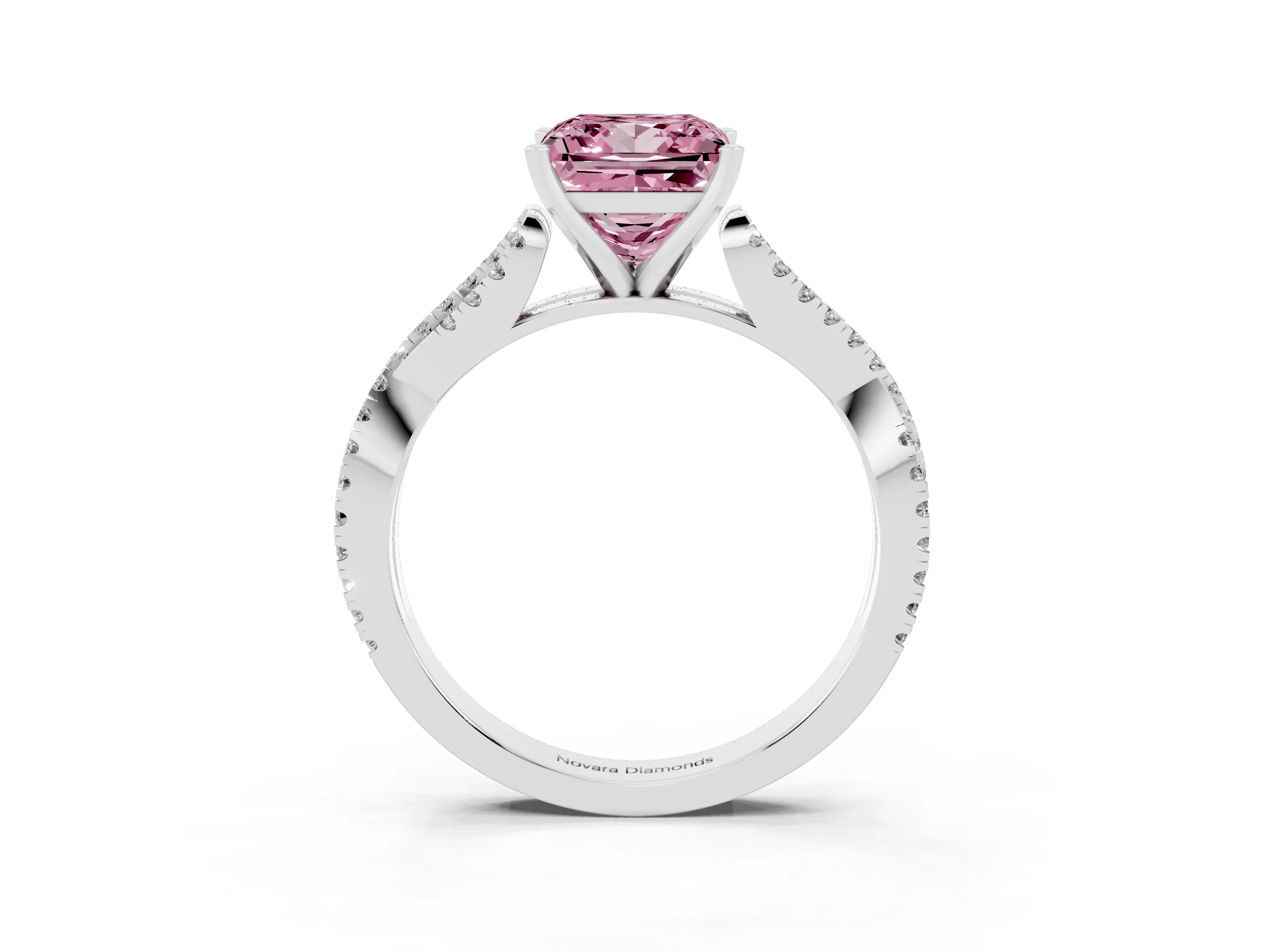 Fancy Pink Princess Cut Diamond Solitaire Engagement Ring Set in Platinum with Twisted Pavé Band and Prong Setting