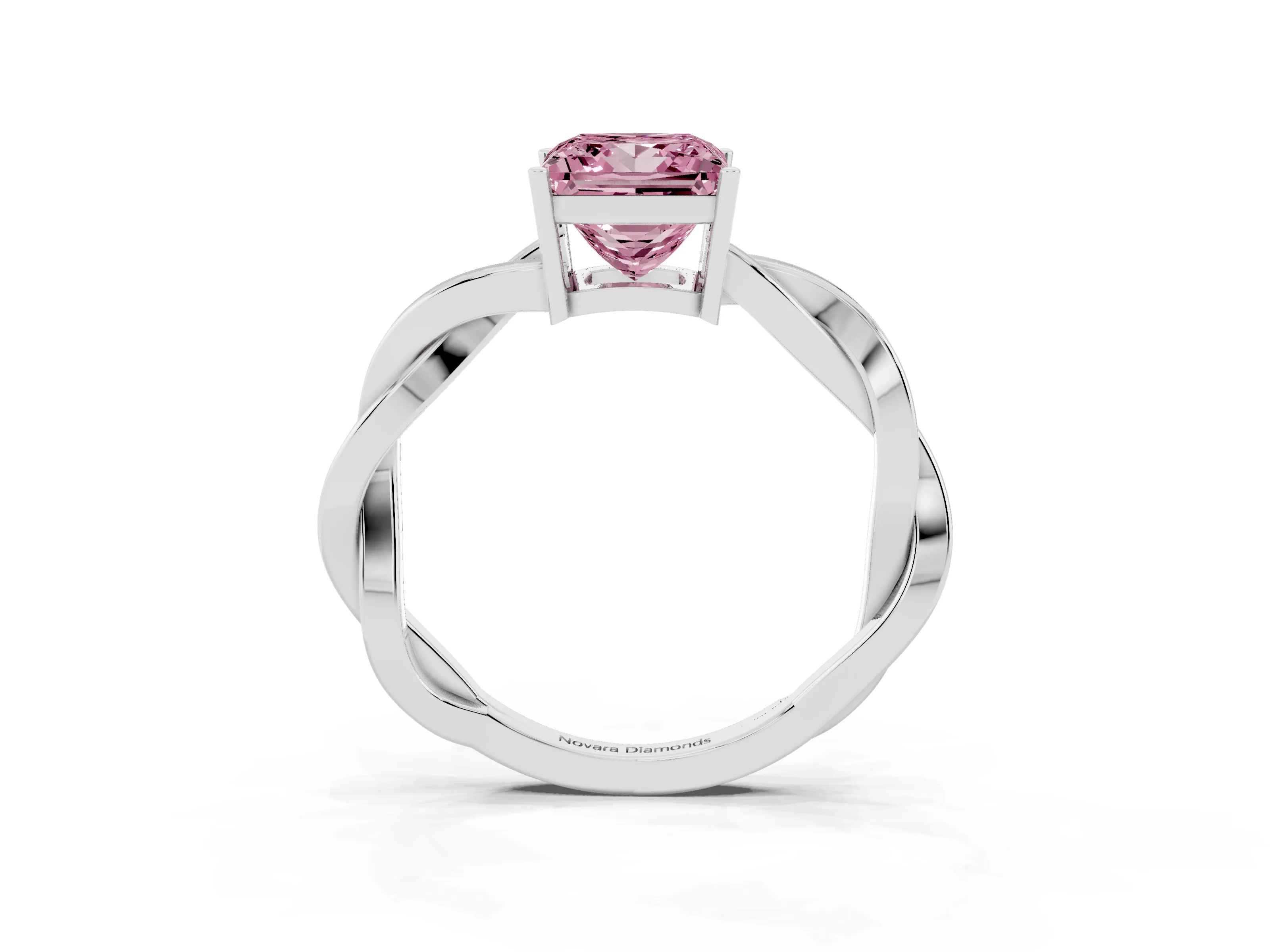 Fancy Pink Princess Cut Diamond Solitaire Twisted Pavé Ring Set in White gold with Prong Setting