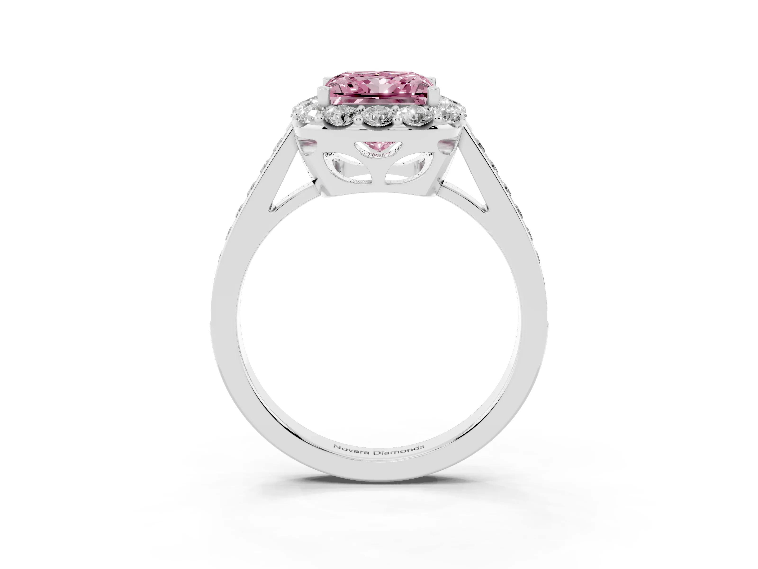 Fancy Pink Princess Cut Diamond Floral Halo Ring Set in White gold with Pavé Band and Prong Setting