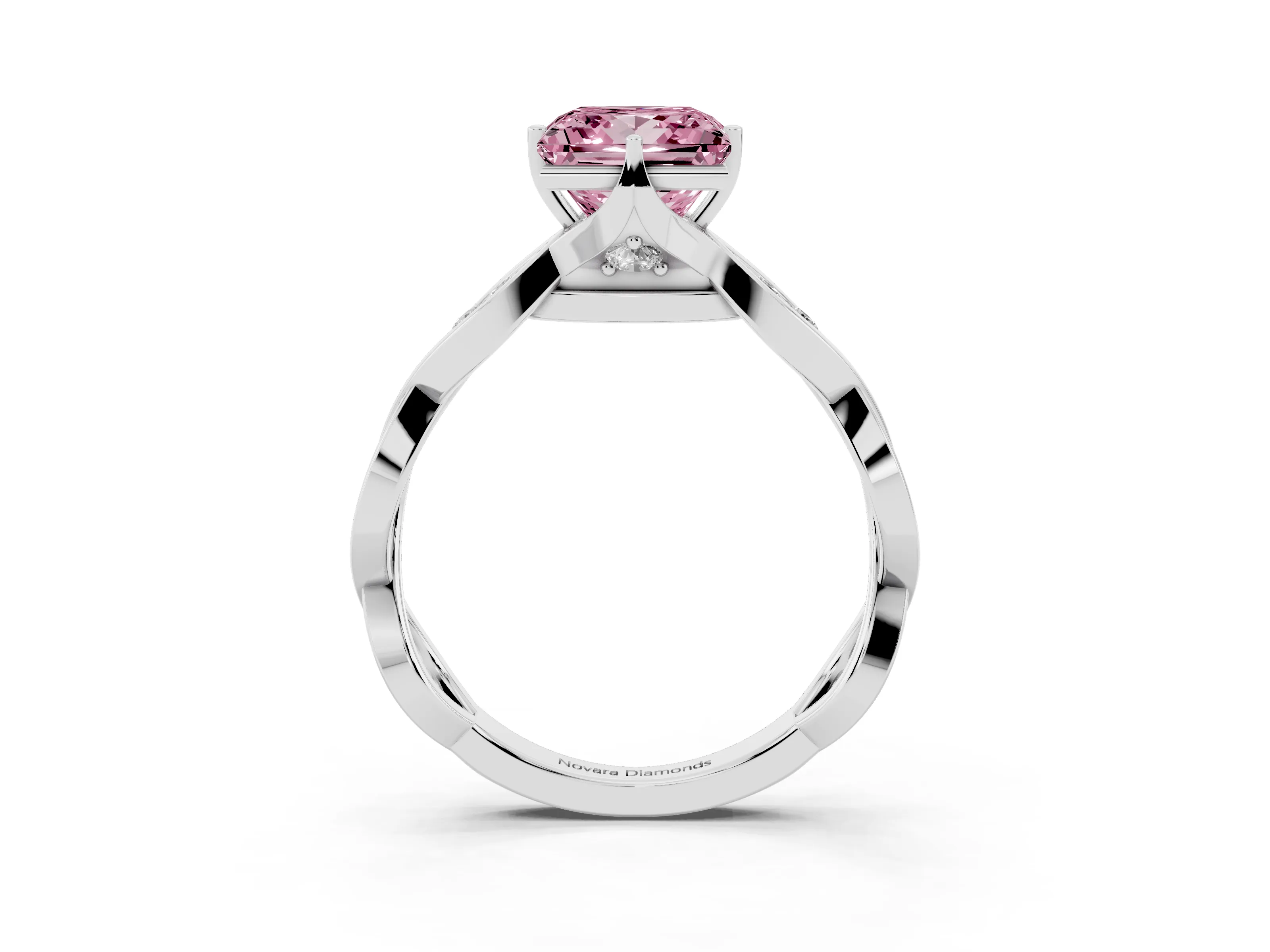 Fancy Pink Princess Cut Diamond Twist Band Solitaire Ring Set in Silver with Leaf Prong Setting and Accent Stones