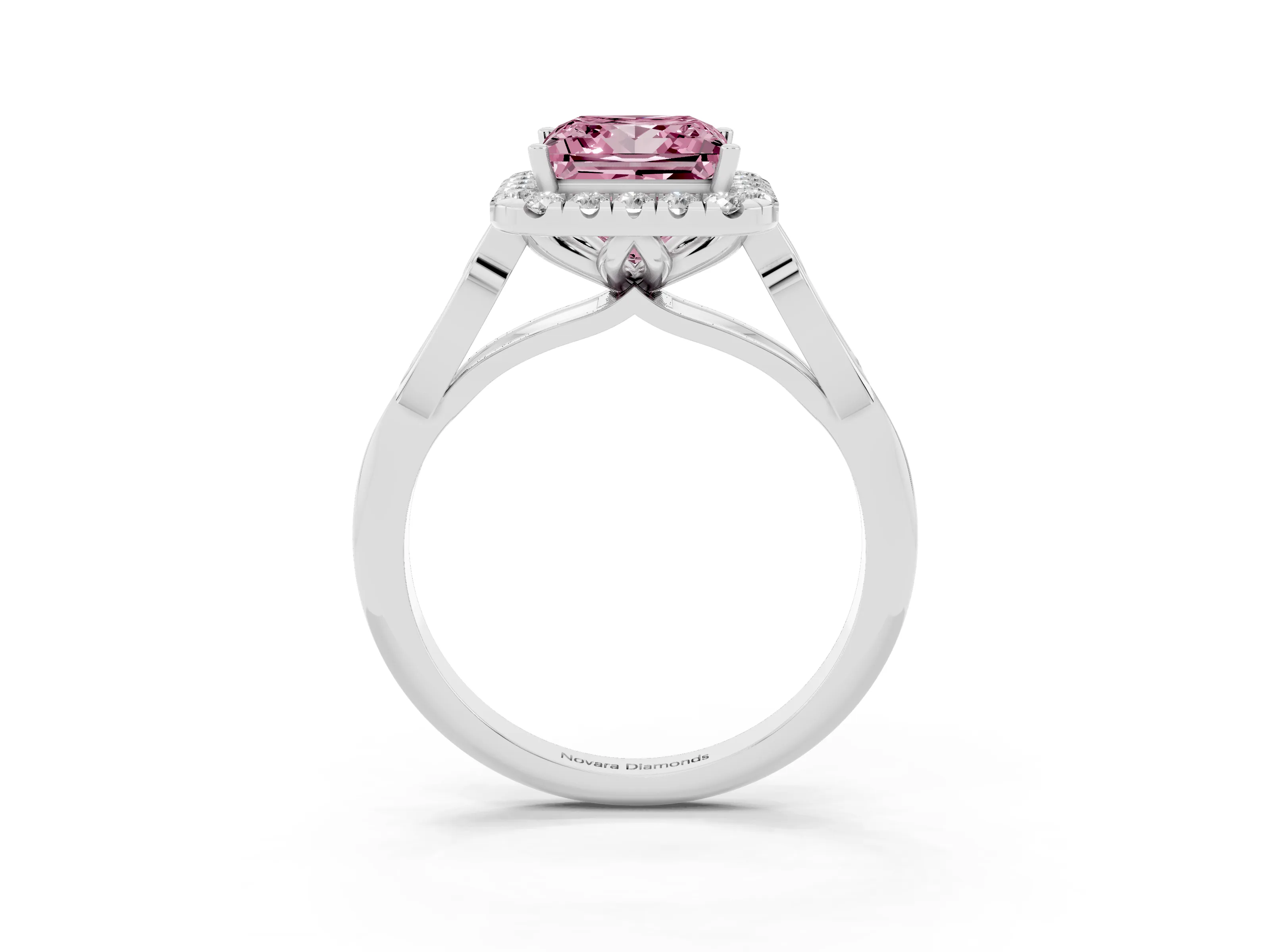 Fancy Pink Princess Cut Diamond Halo Engagement Ring Set in White gold with Filigree Band and Prong-Set Center