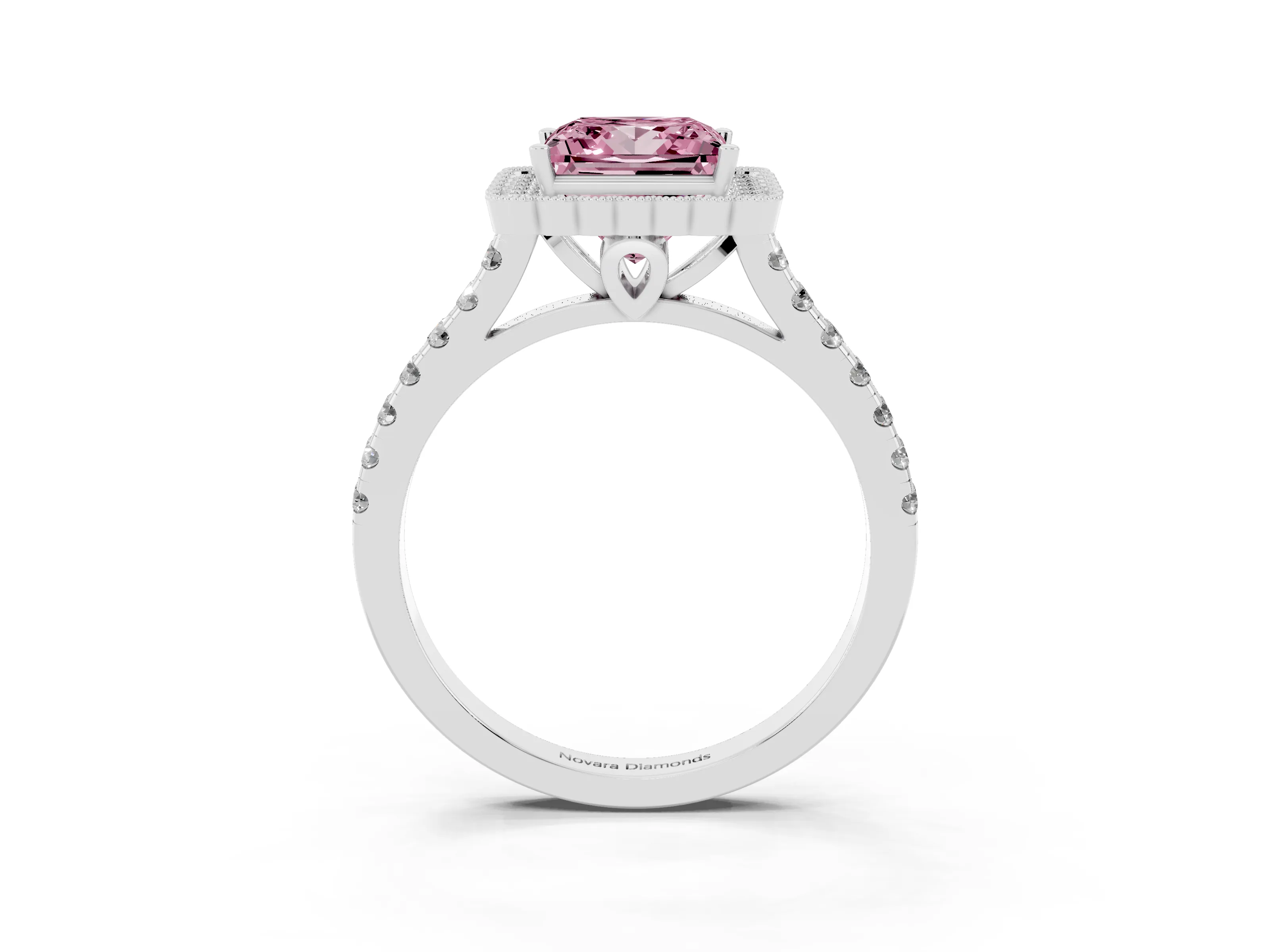 Fancy Pink Princess Cut Diamond Milgrain Floral Halo Engagement Ring Set in White gold with Pavé Band