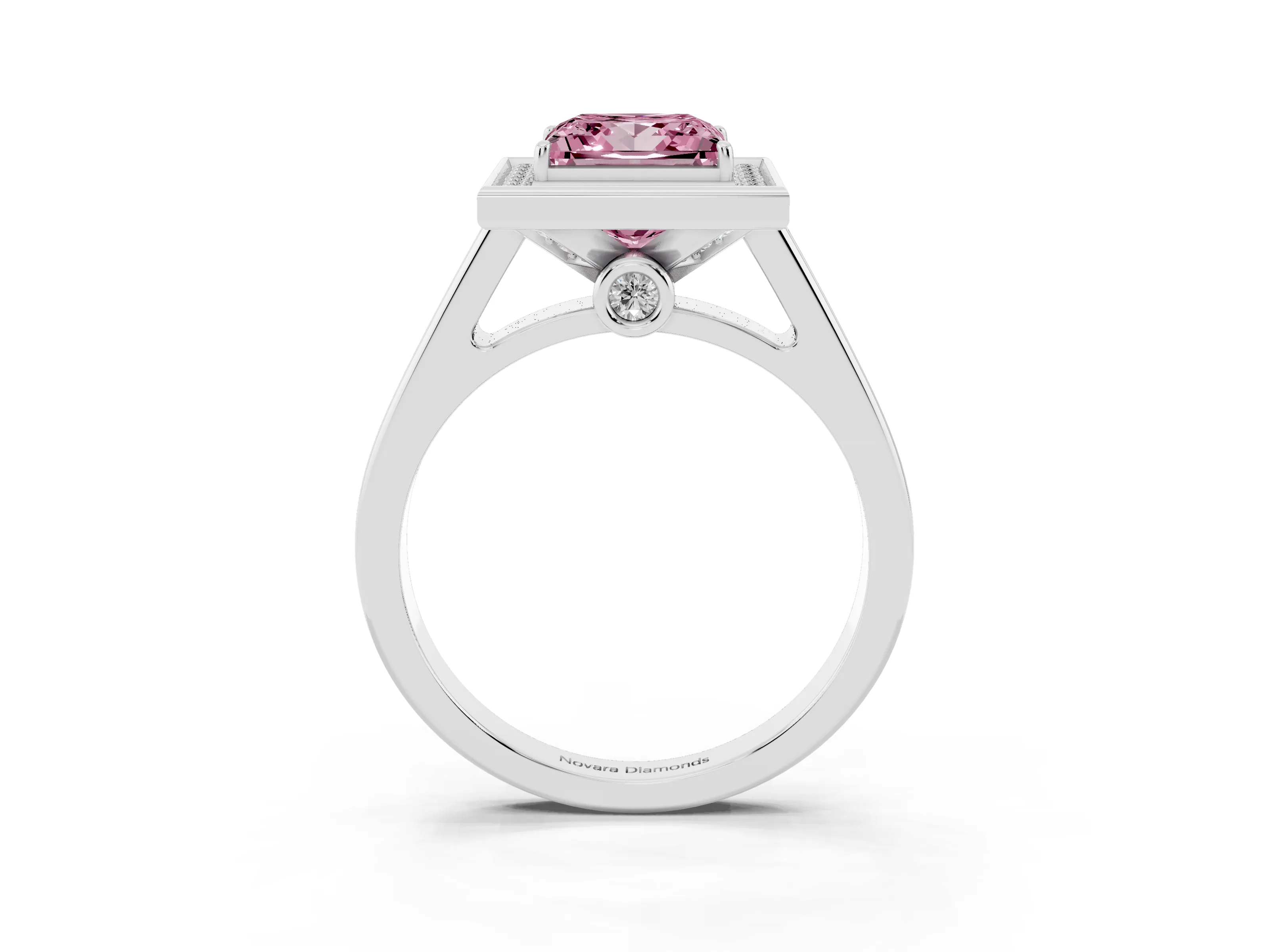 Fancy Pink Princess Cut Diamond Halo Solitaire Ring Set in Platinum with Pavé Band and Bezel Setting