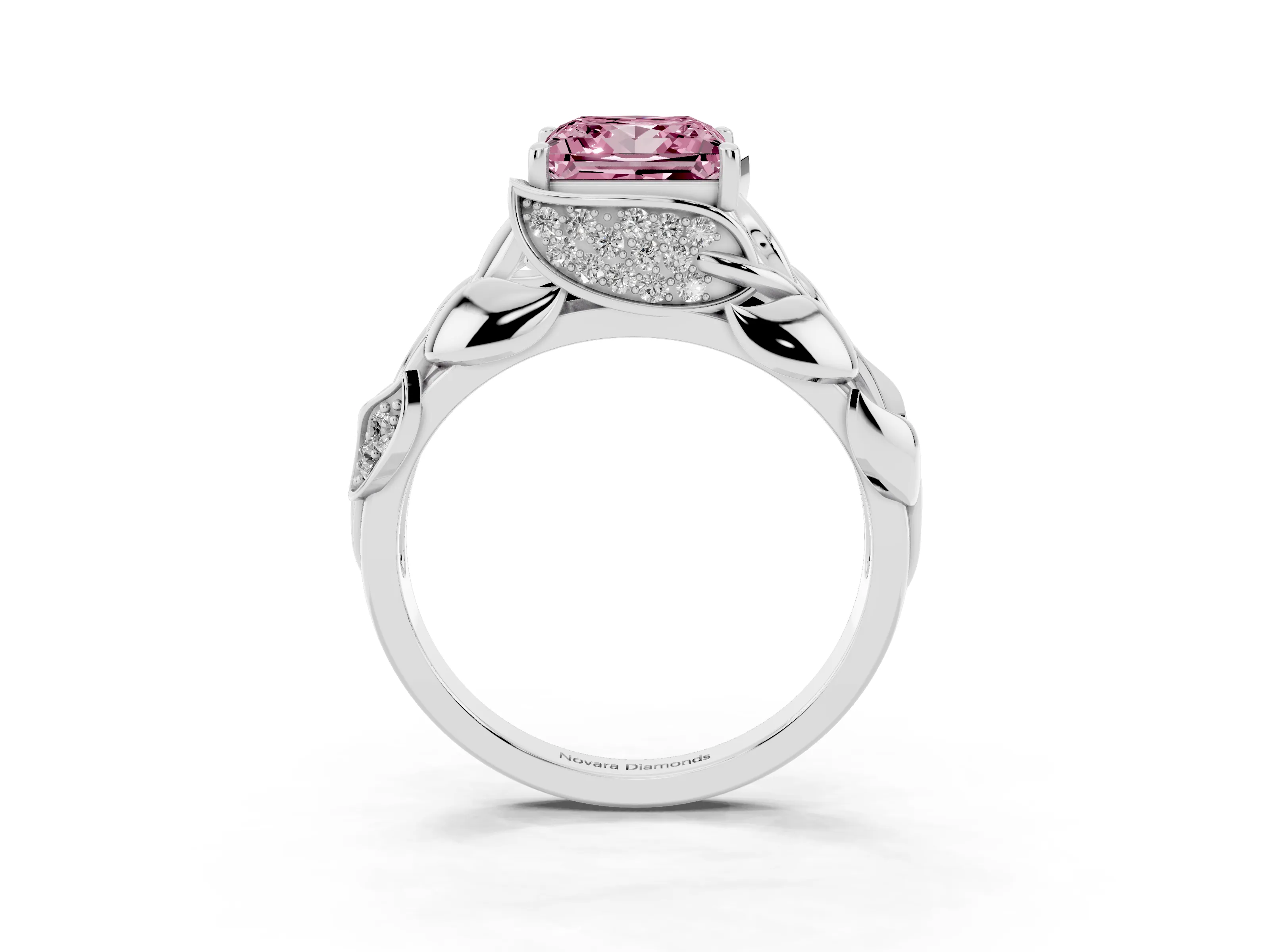 Fancy Pink Princess Cut Diamond Leaf-Inspired Engagement Ring Set in White gold with Round Accents