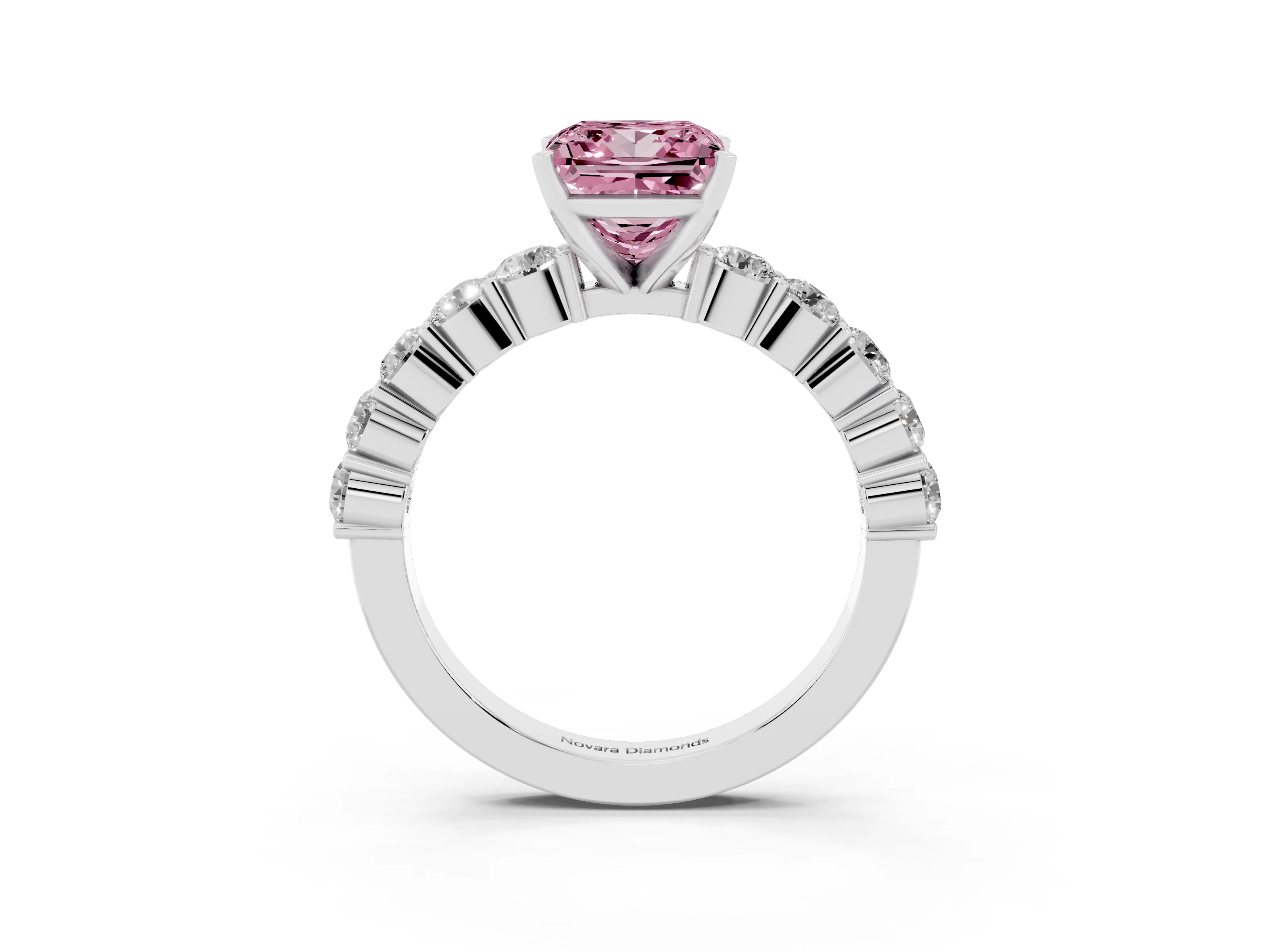 Fancy Pink Princess Cut Diamond Solitaire Ring Set in Platinum with Shared Prong Round Side Stones
