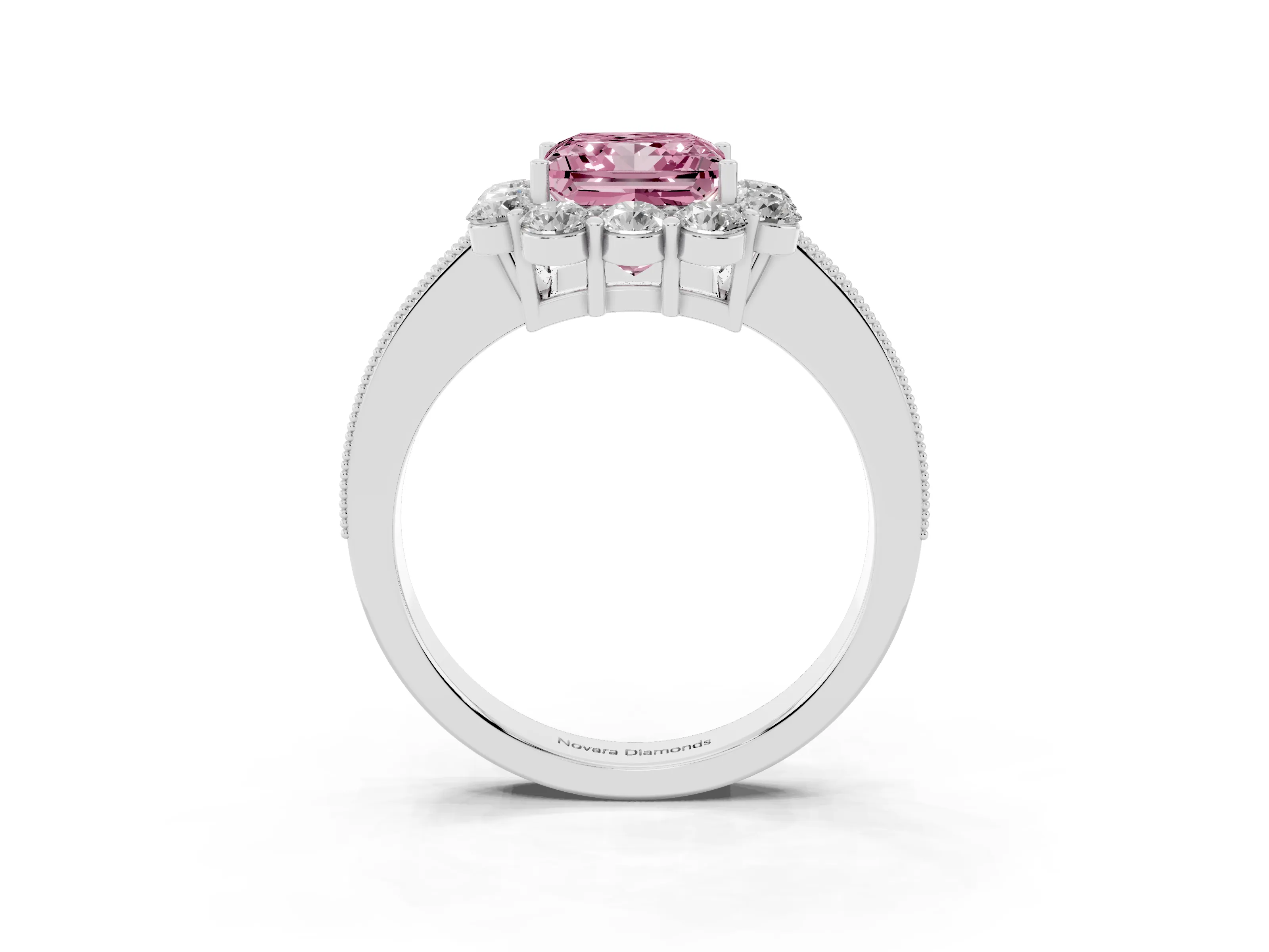 Fancy Pink Princess Cut Diamond Halo Pavé Engagement Ring Set in White gold with Milgrain Detailing