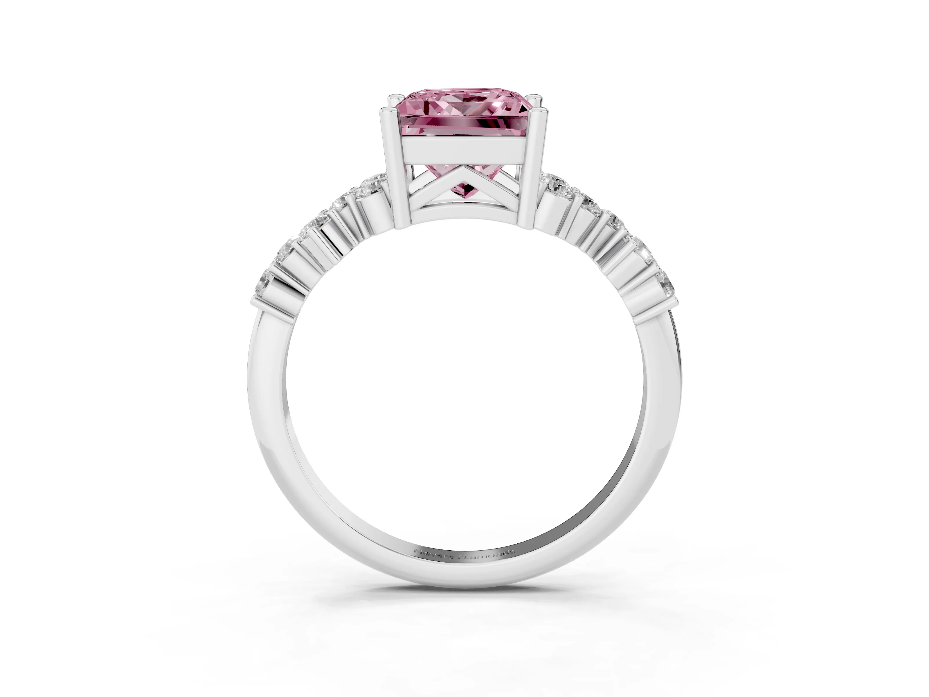 Fancy Pink Princess Cut Diamond Ring Set in White gold with Scattered Round Accents