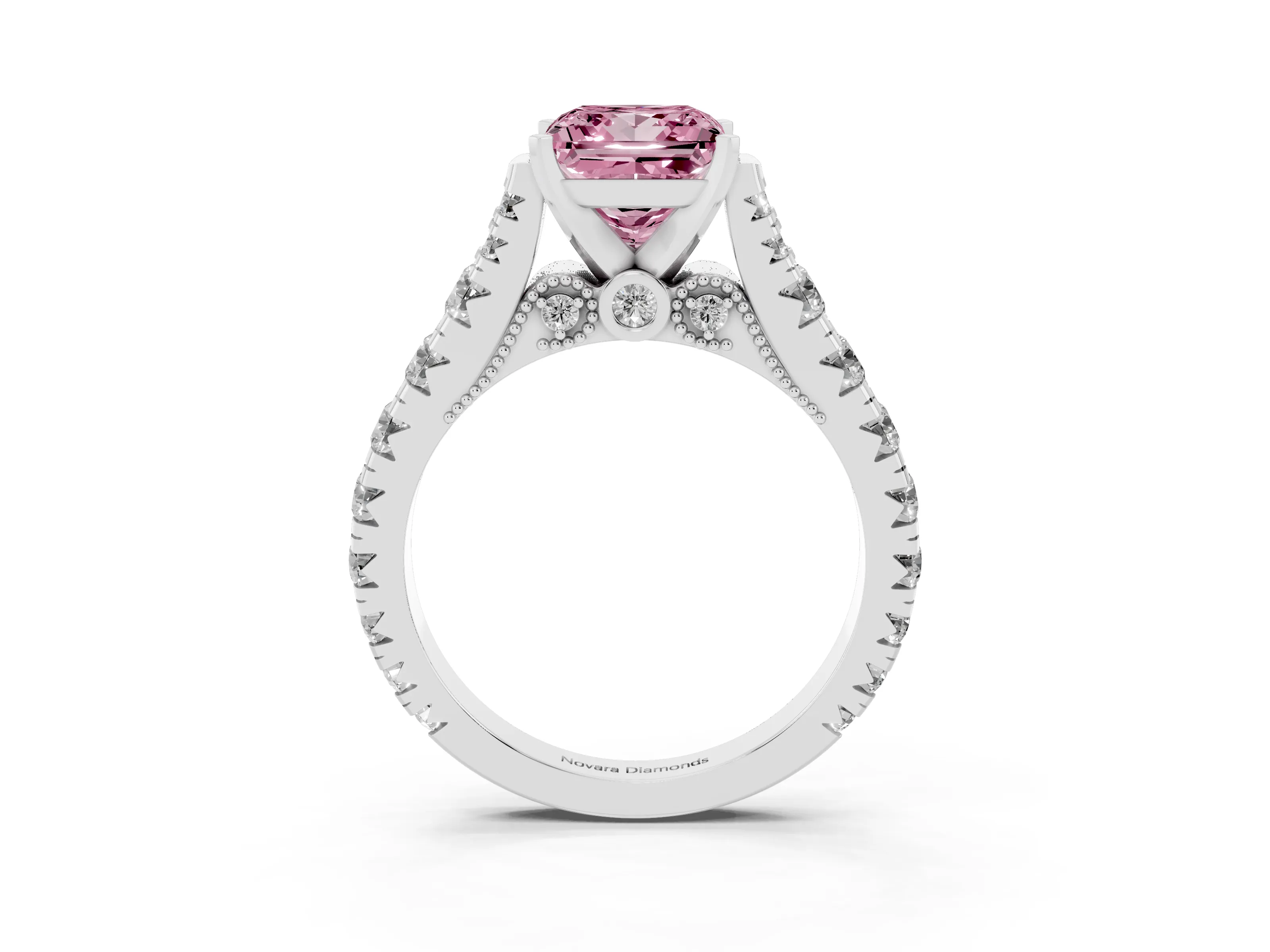 Fancy Pink Princess Cut Diamond Classic Solitaire Ring Set in Silver with Pavé Band and Prong Setting