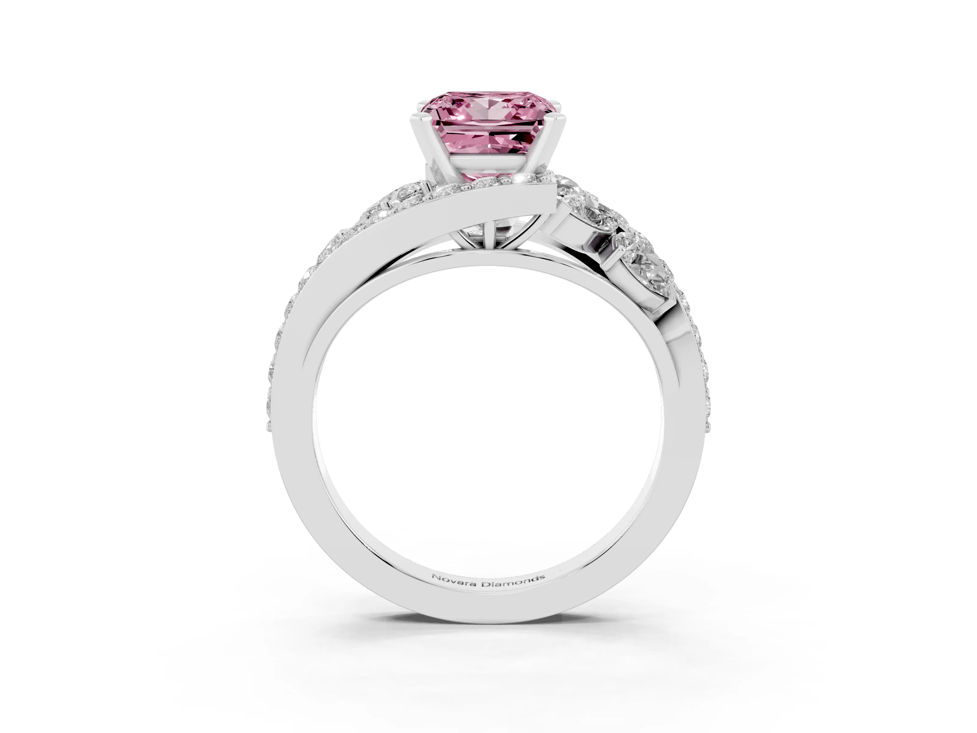 Fancy Pink Princess Cut Diamond Halo Ring Set in White gold with Marquise and Pavé Band in Prong Setting