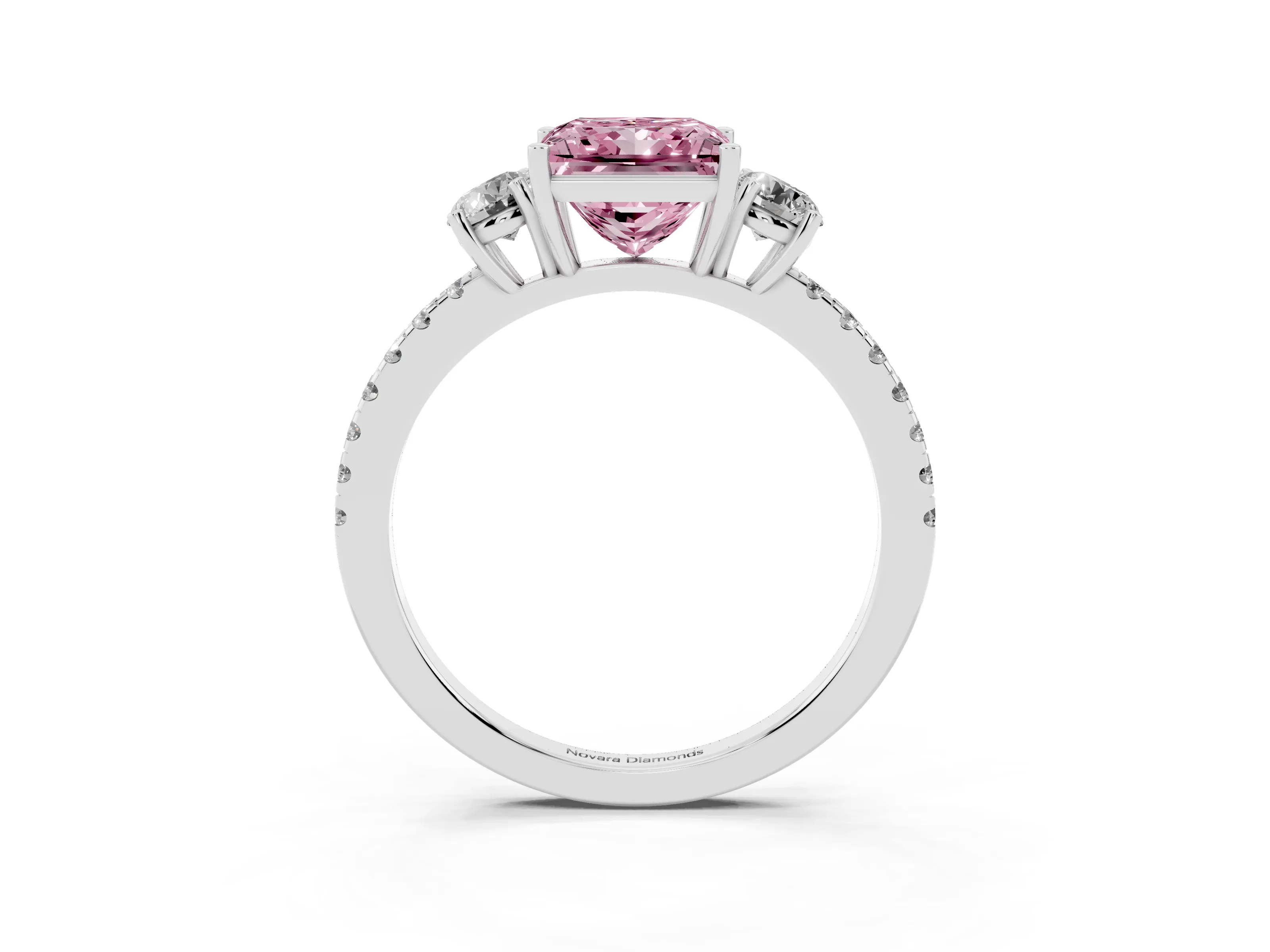 Fancy Pink Princess Cut Diamond Three-Stone Ring Set in Silver with Pavé Band and Graduated Sides