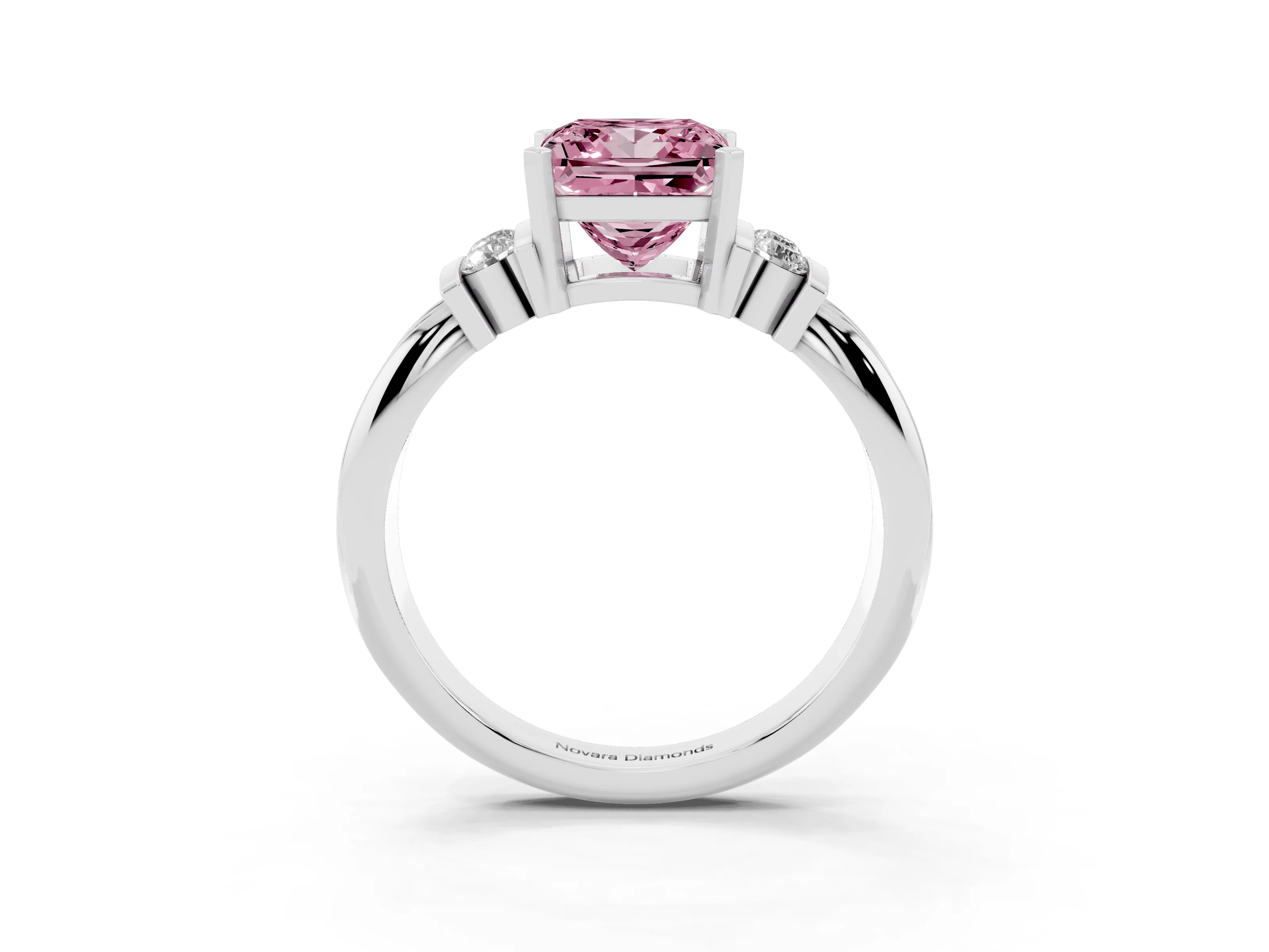 Fancy Pink Three-Stone Princess Cut Diamond Channel Set Ring Set in Platinum with Bar Prongs
