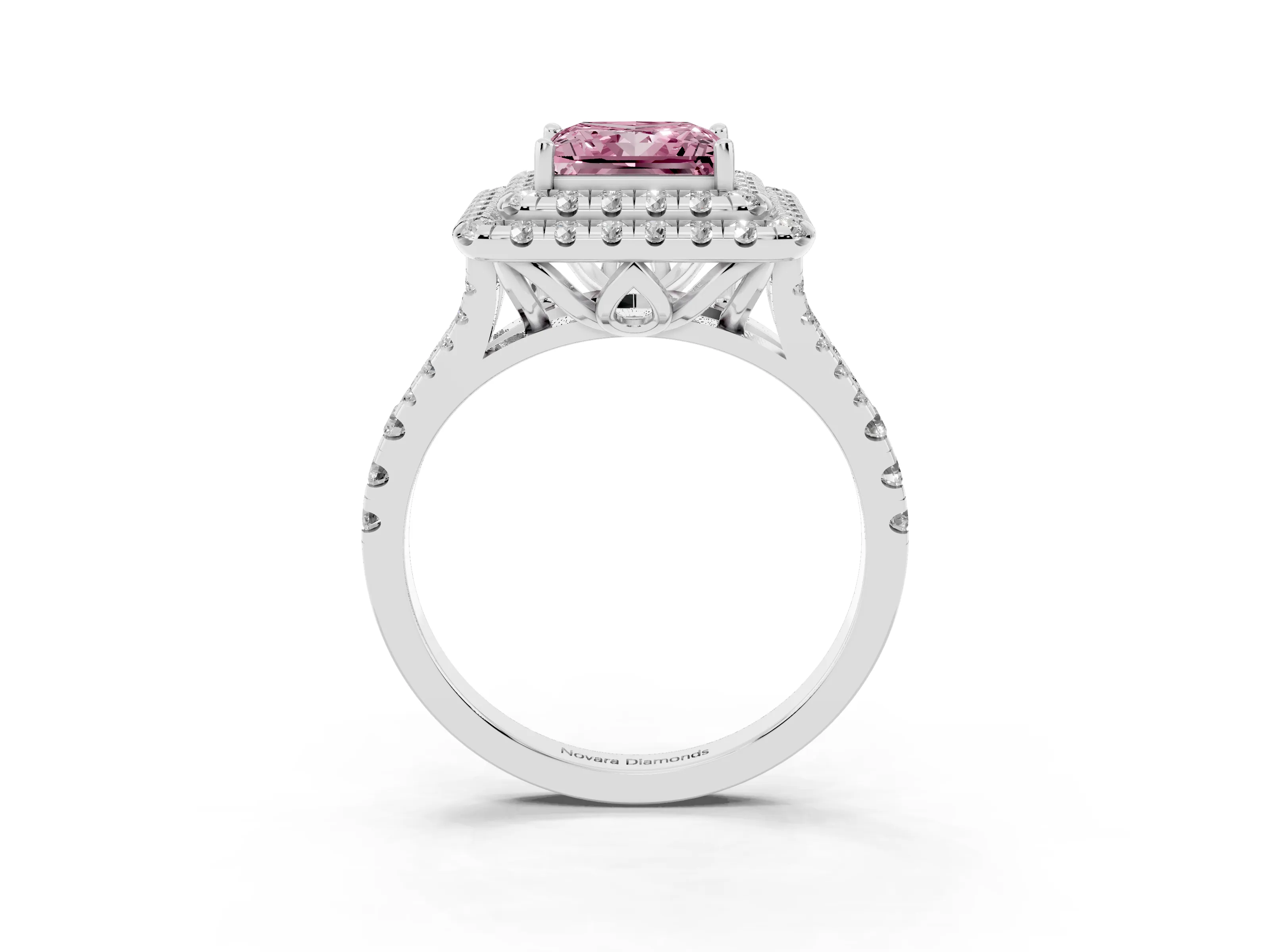 Fancy Pink Princess Cut Diamond Double Halo Ring Set in White gold with Pavé Split Shank and Prong Setting