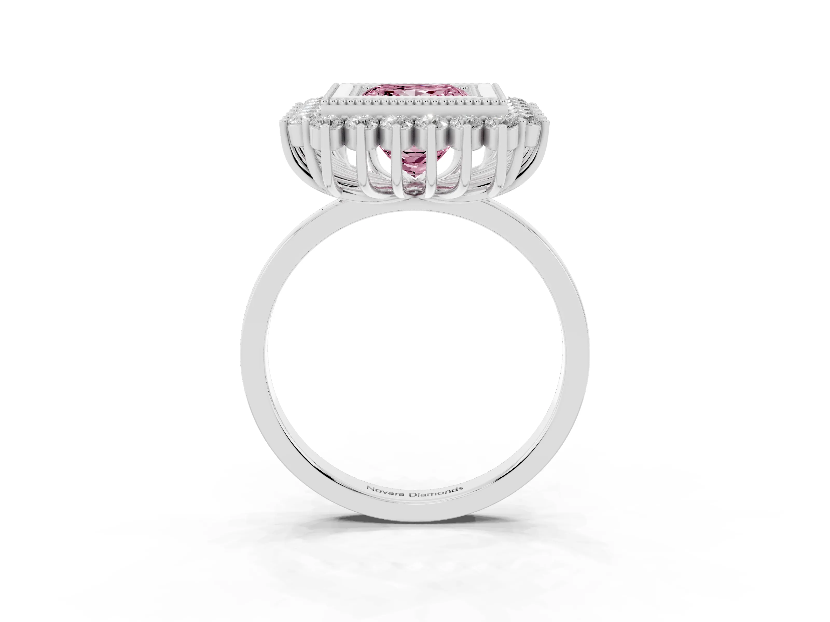 Fancy Pink Princess Cut Diamond Halo Ring Set in Platinum with Milgrain Edge and Round Prong Setting