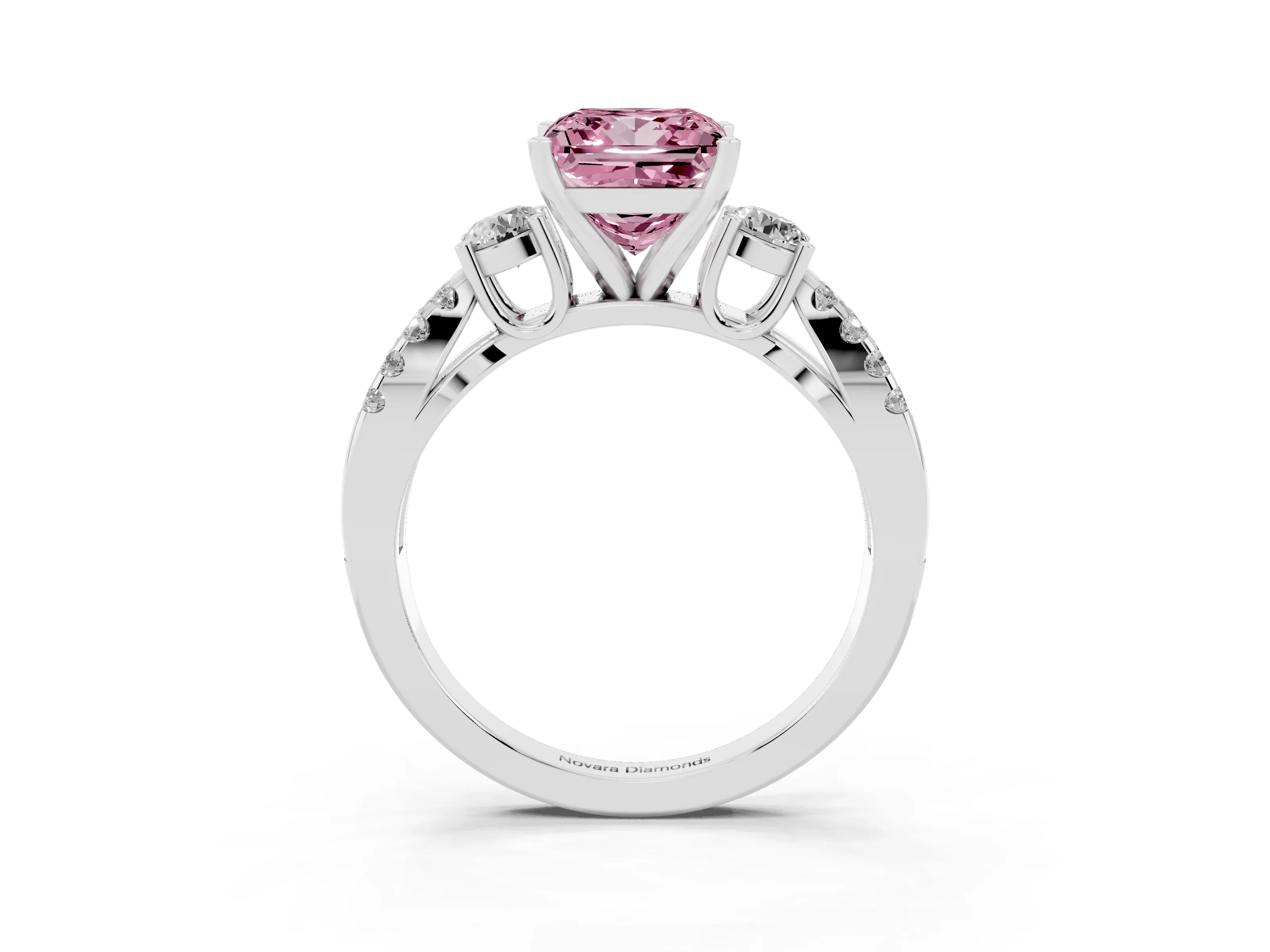 Fancy Pink Princess Cut Diamond Three-Stone Ring Set in White gold with Pavé Split Shank and Prong Setting