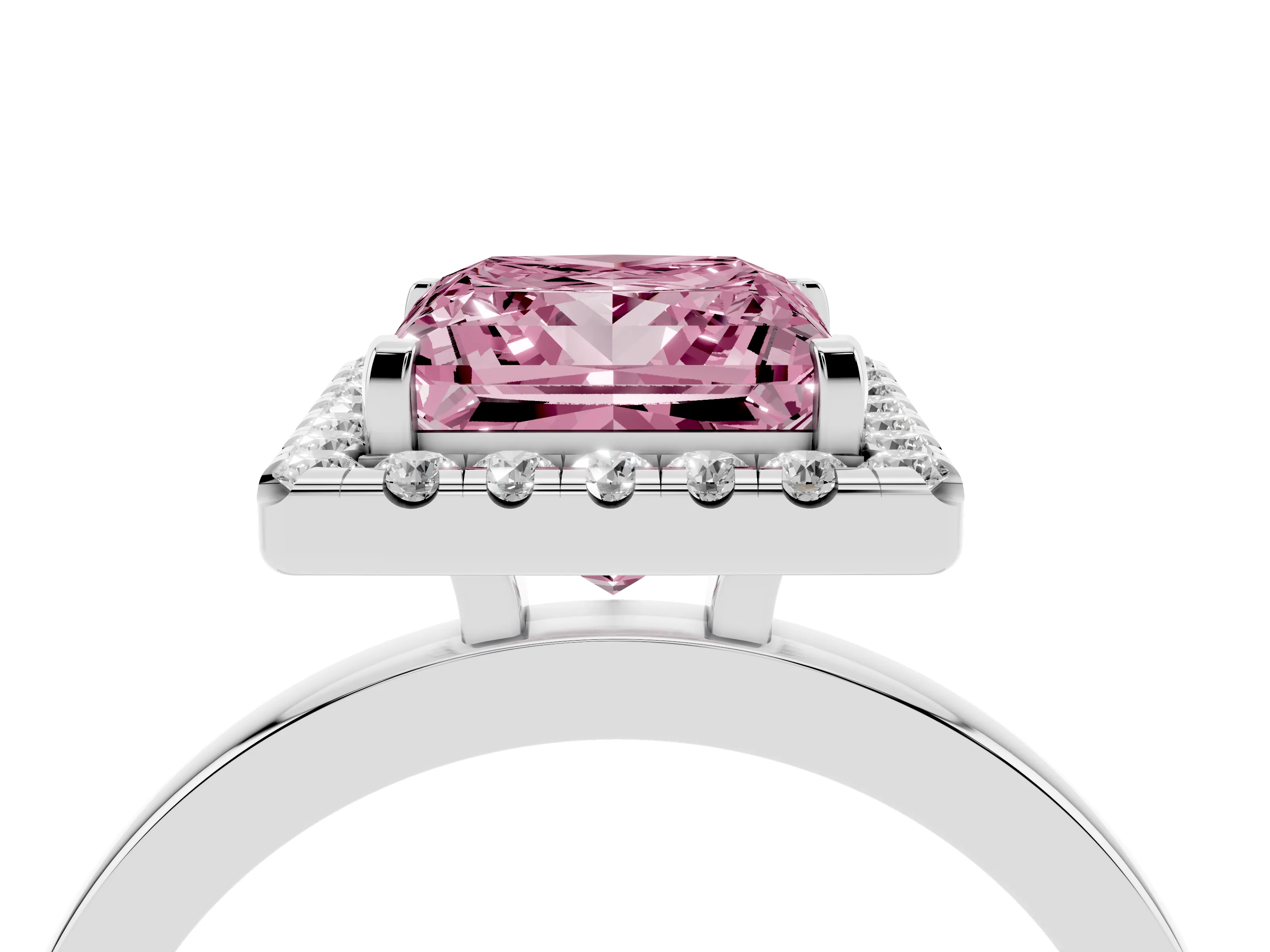 Fancy Pink Princess Cut Diamond Halo Solitaire Ring Set in Silver with Pavé Band and Prong Setting