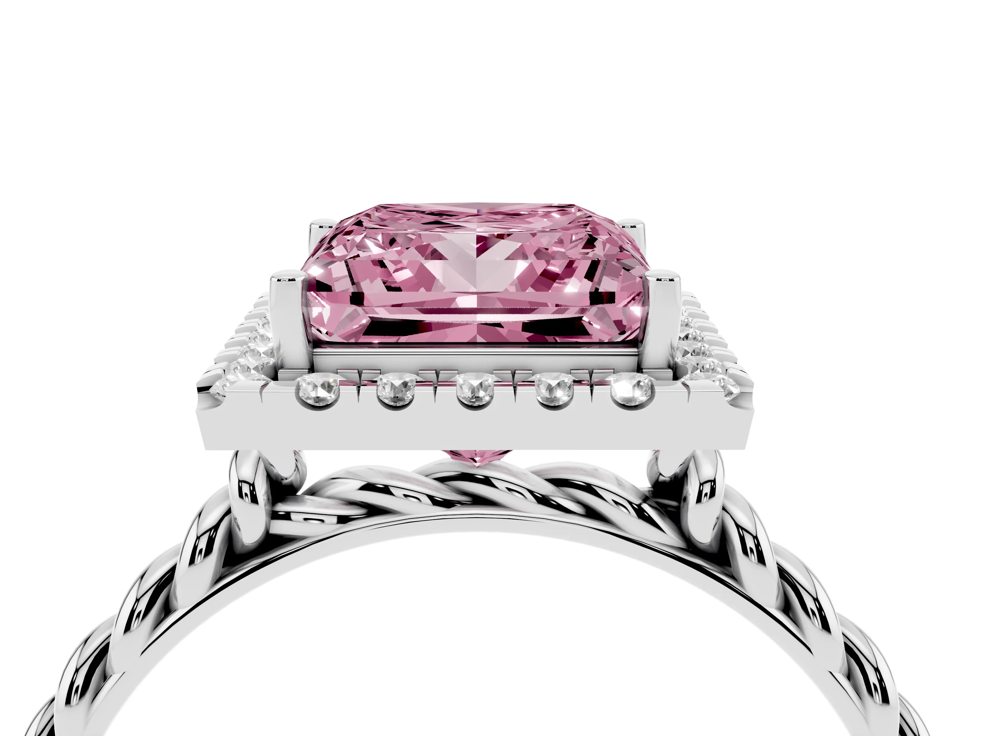 Fancy Pink Princess Cut Diamond Halo Ring Set in Platinum with Plain Twisted Band