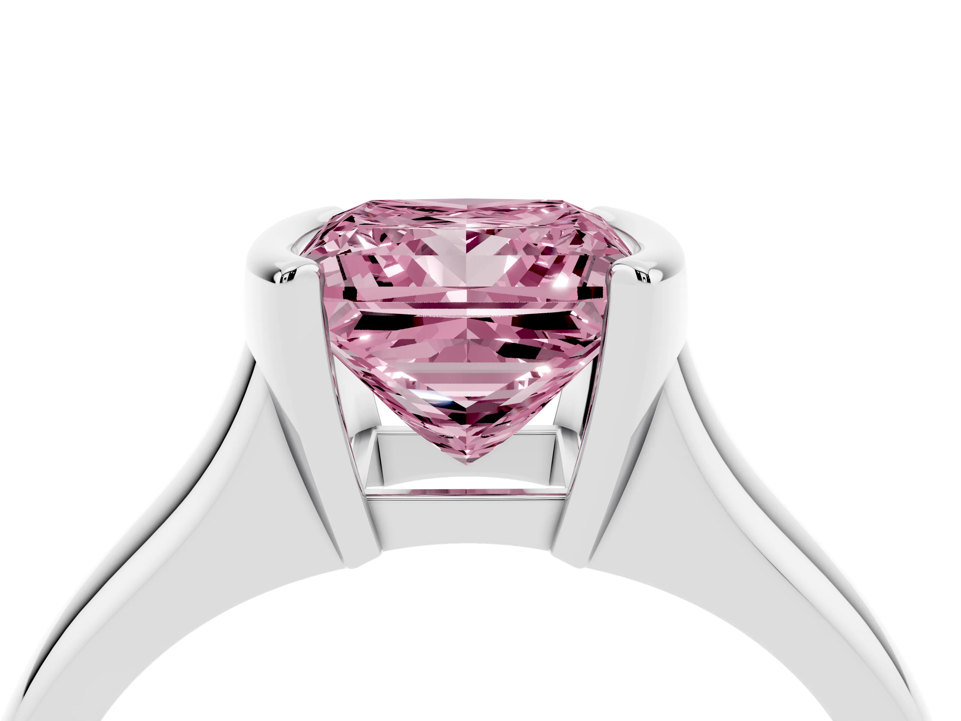 Fancy Pink Princess Cut Diamond Solitaire Tension Set Ring Set in White gold with Split Shank Band