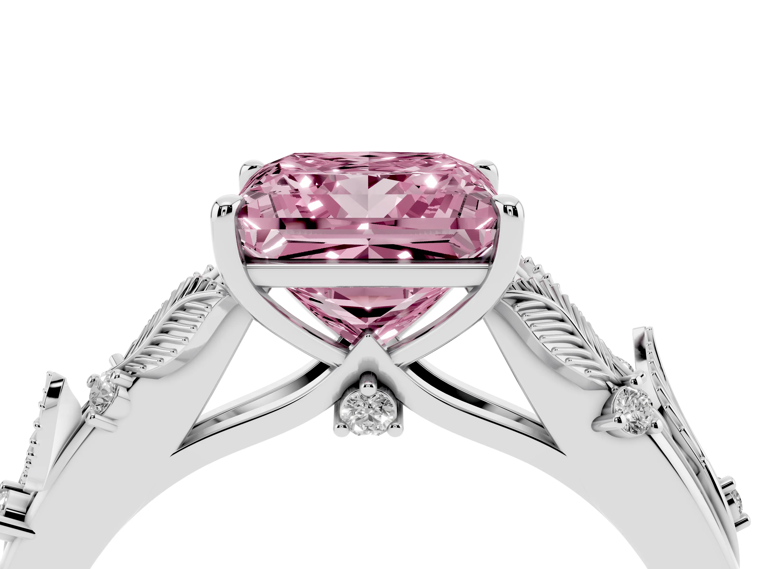 Fancy Pink Princess Cut Diamond Solitaire Ring Set in White gold with Leaf Motif Band