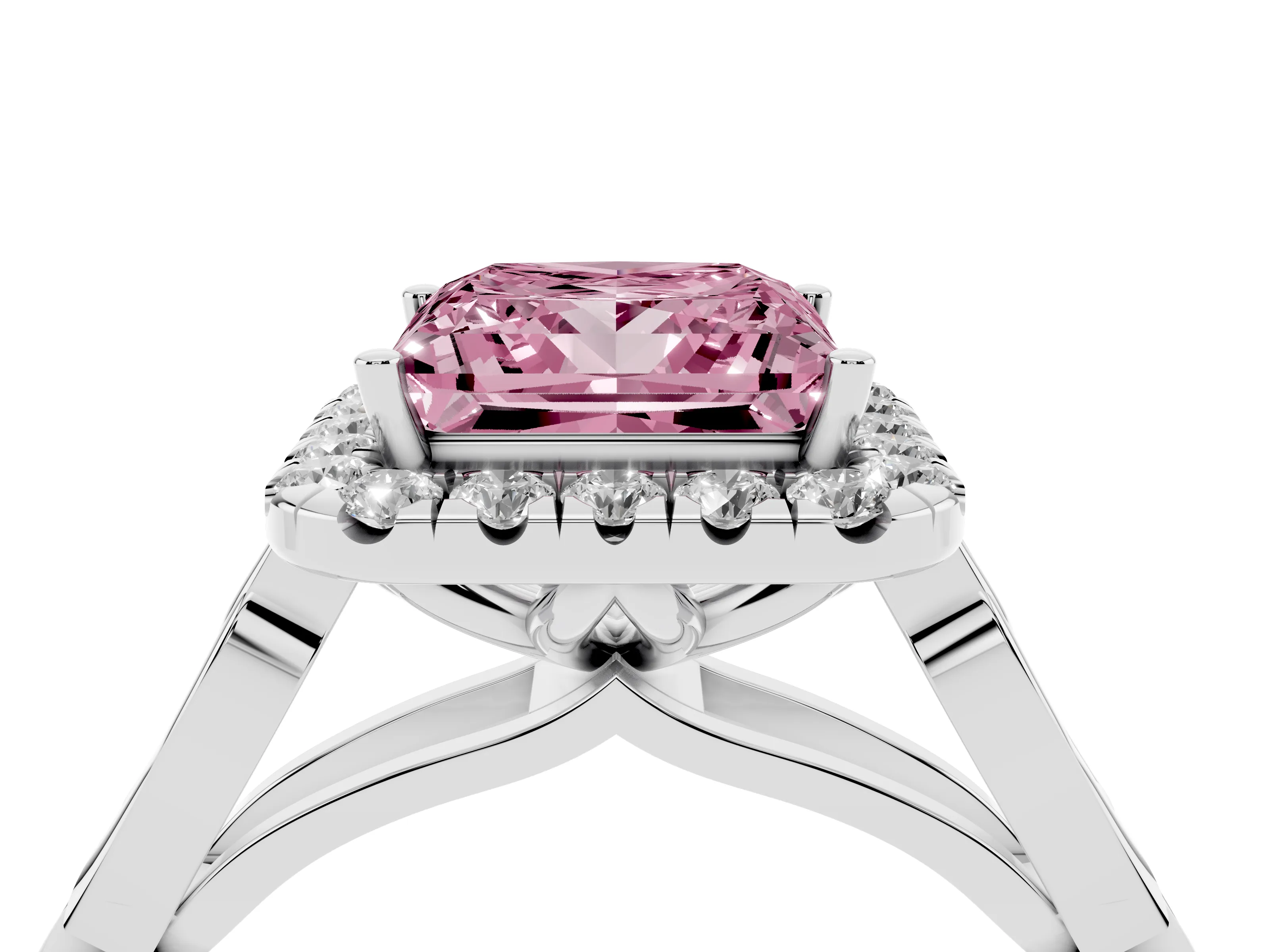 Fancy Pink Princess Cut Diamond Halo Engagement Ring Set in White gold with Filigree Band and Prong-Set Center