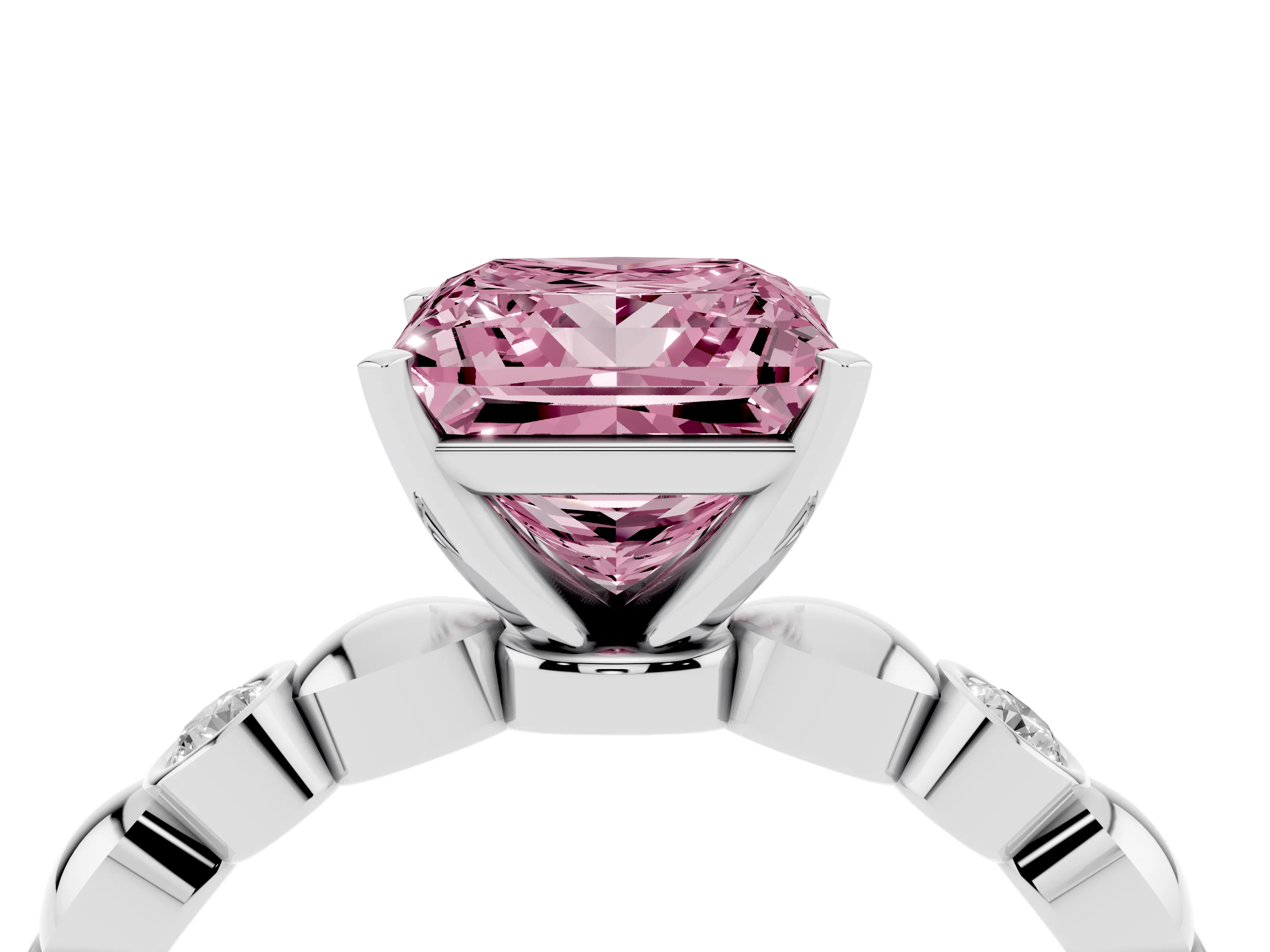 Fancy Pink Princess Cut Diamond Solitaire Ring Set in Silver with Bezel-Set Accents on Beaded Band and Prong Setting