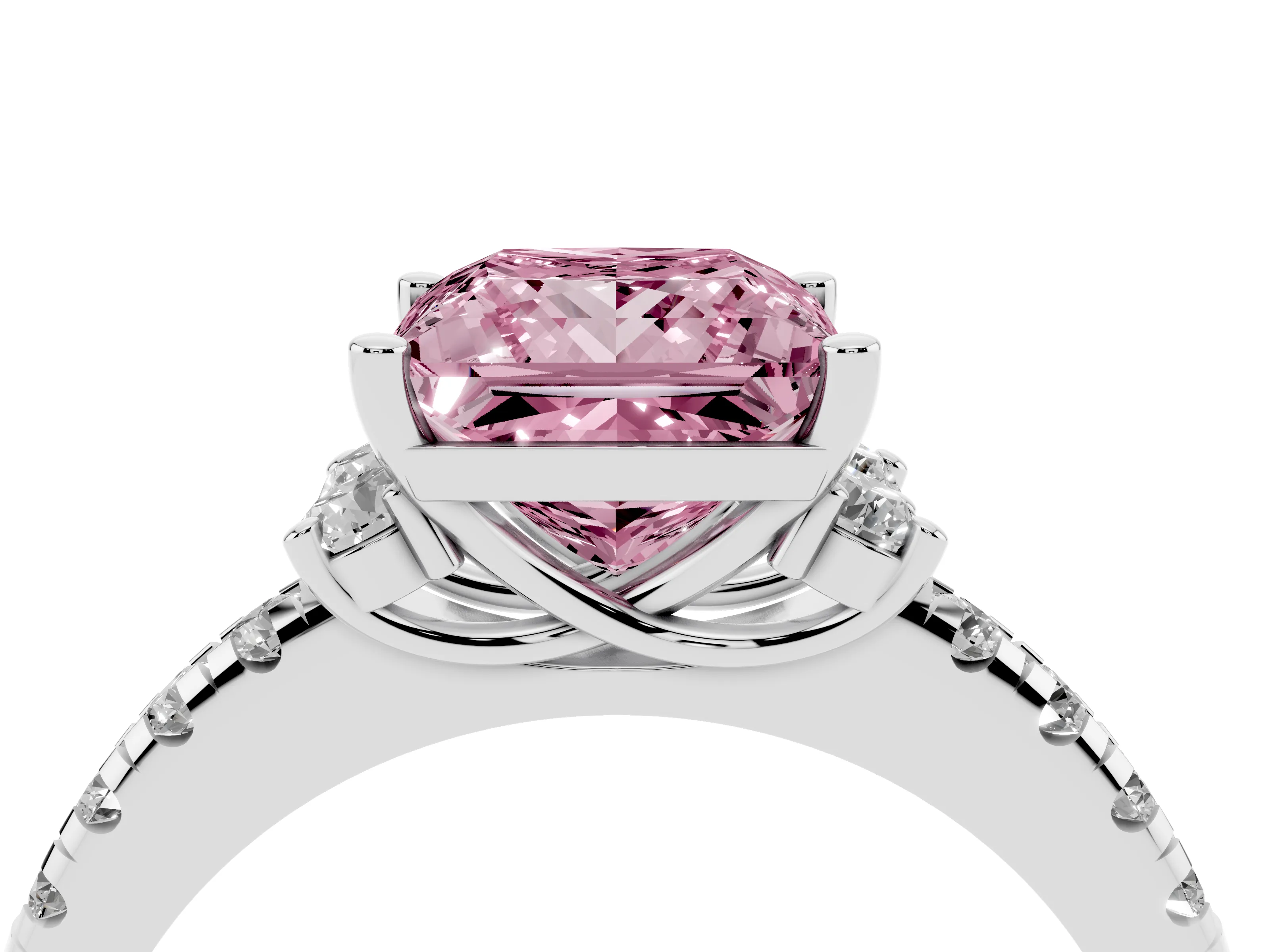 Fancy Pink Princess Cut Diamond Three-Stone Pavé Ring Set in Silver with Prong Setting