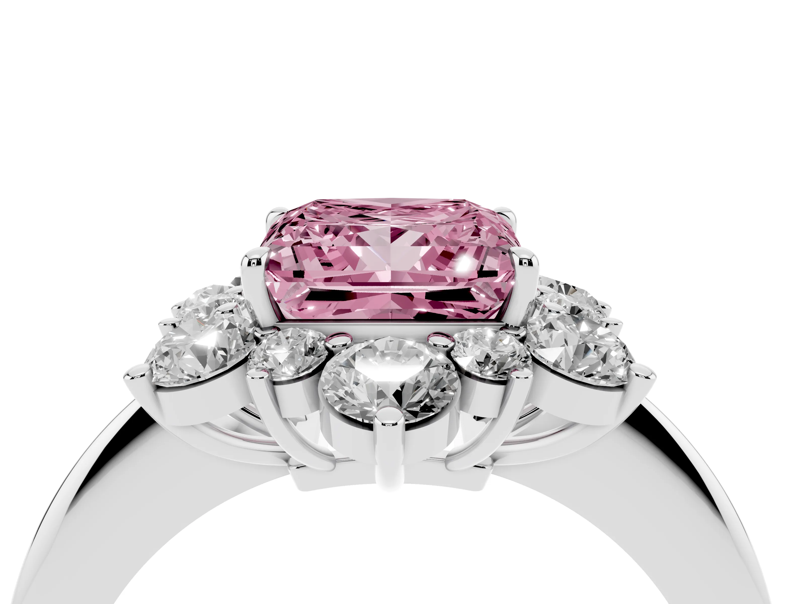 Fancy Pink Princess Cut Diamond Cluster Halo Ring Set in Silver with Solitaire Band and Prong Setting
