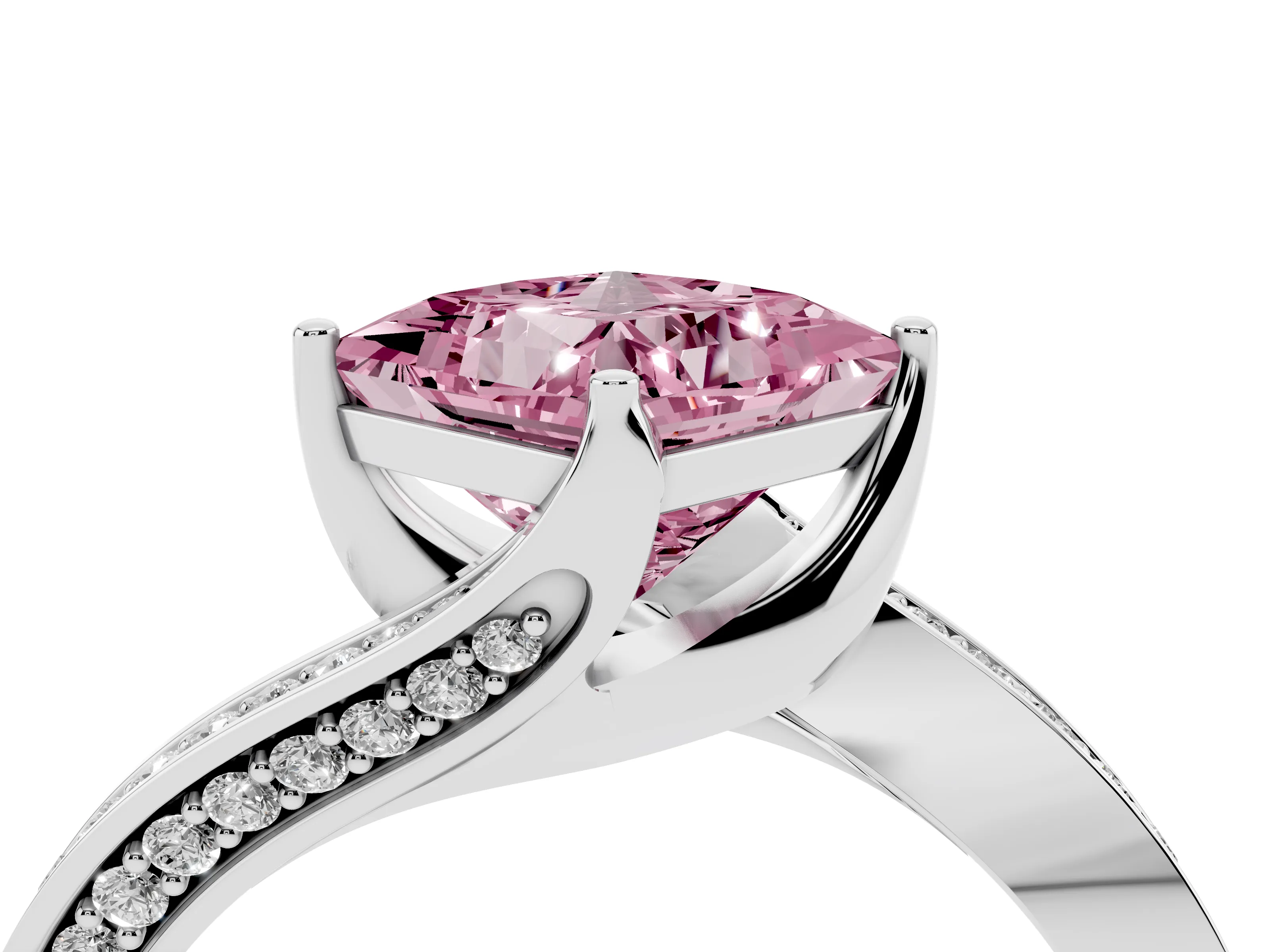 Fancy Pink Princess Cut Diamond Solitaire Ring Set in Silver with Intertwined Pavé Twist Band