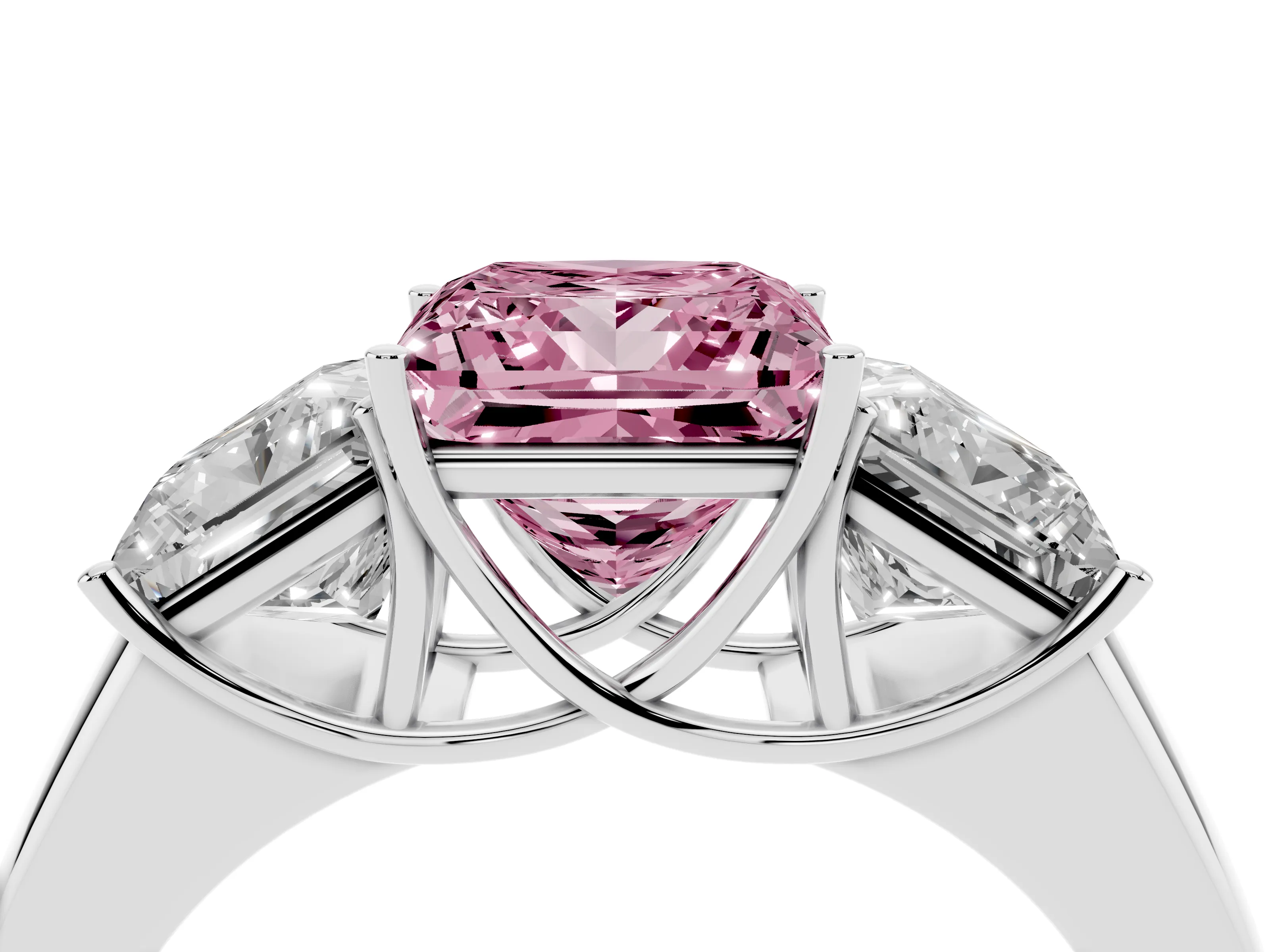Fancy Pink Three-Stone Princess Cut Diamond Ring Set in Platinum with Matching Prong Settings and Plain Band