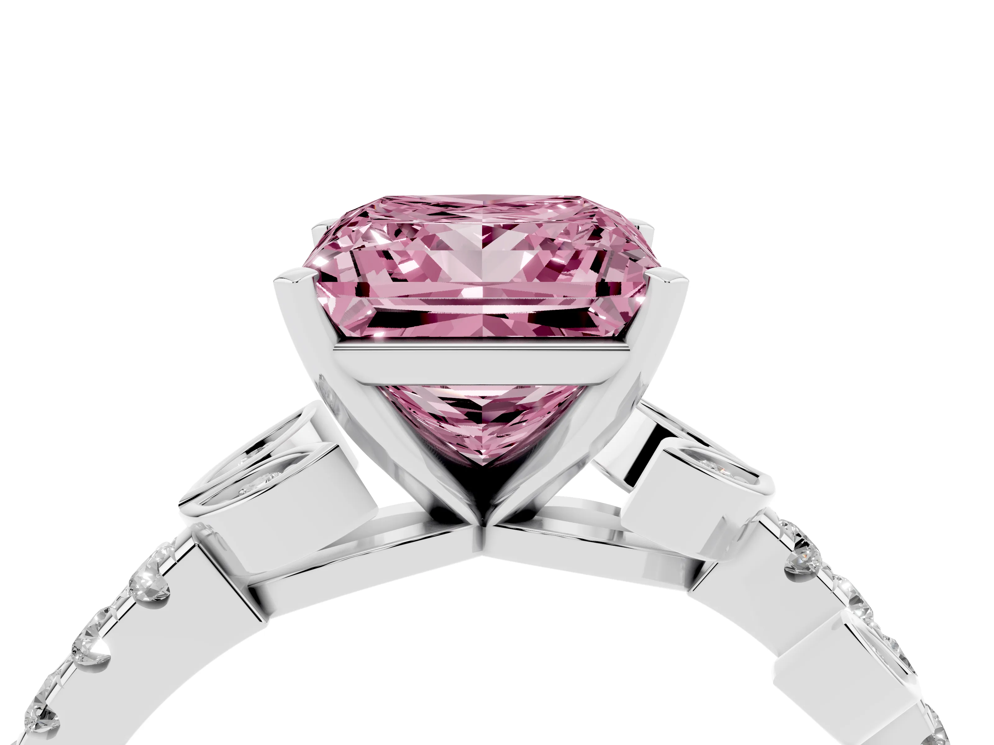 Fancy Pink Princess Cut Diamond Solitaire Leaf-Inspired Ring Set in White gold with Pavé Band and Prong Setting