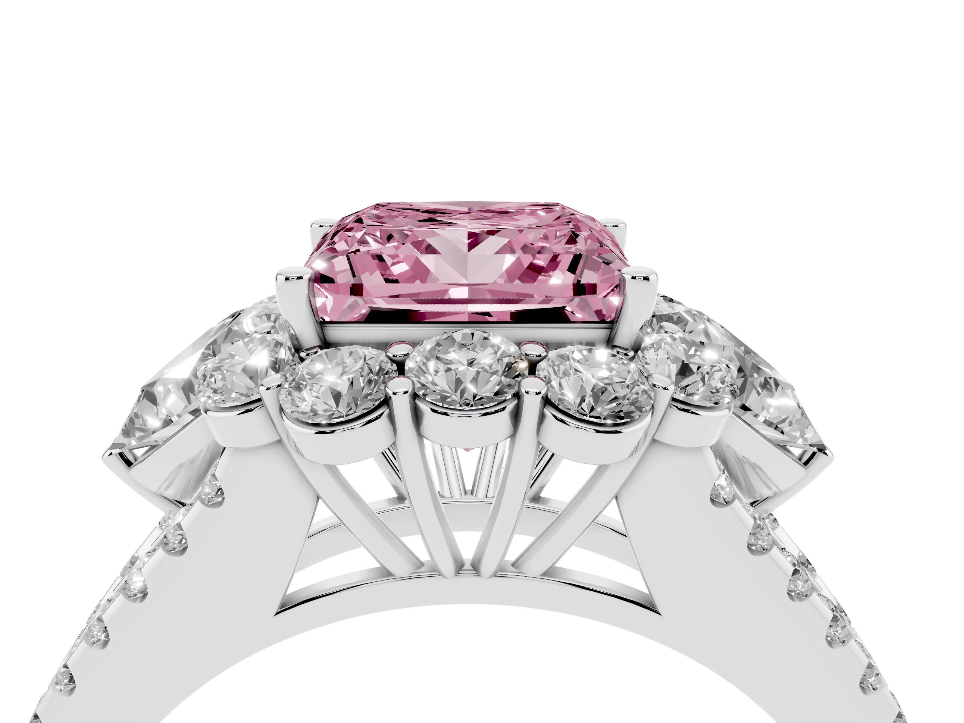 Fancy Pink Princess Cut Diamond Halo Split Shank Engagement Ring Set in Platinum with Prong-Held Center Stone