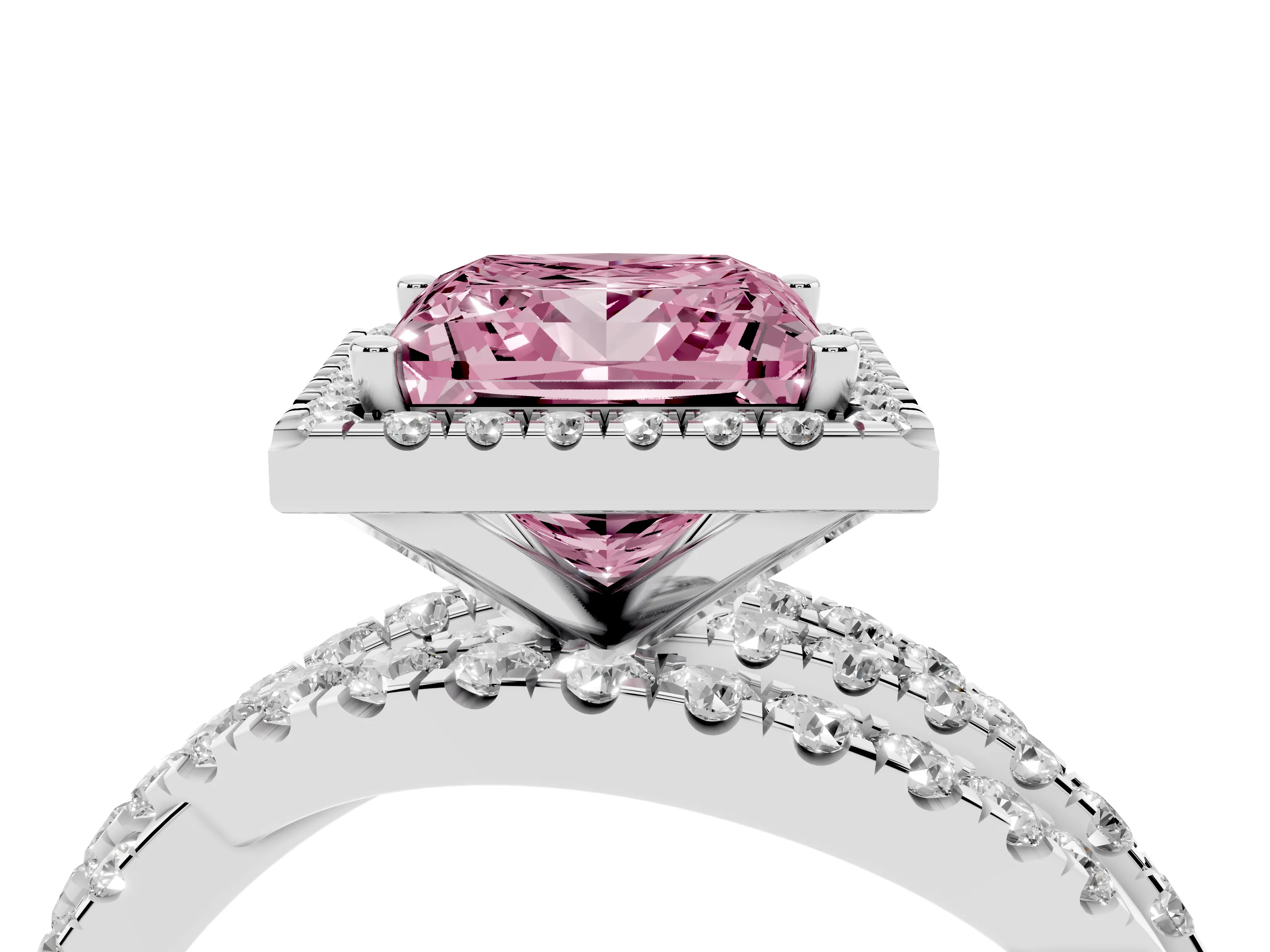 Fancy Pink Princess Cut Diamond Halo Ring Set in Silver with Round Crossover Split Shank and Prong Setting