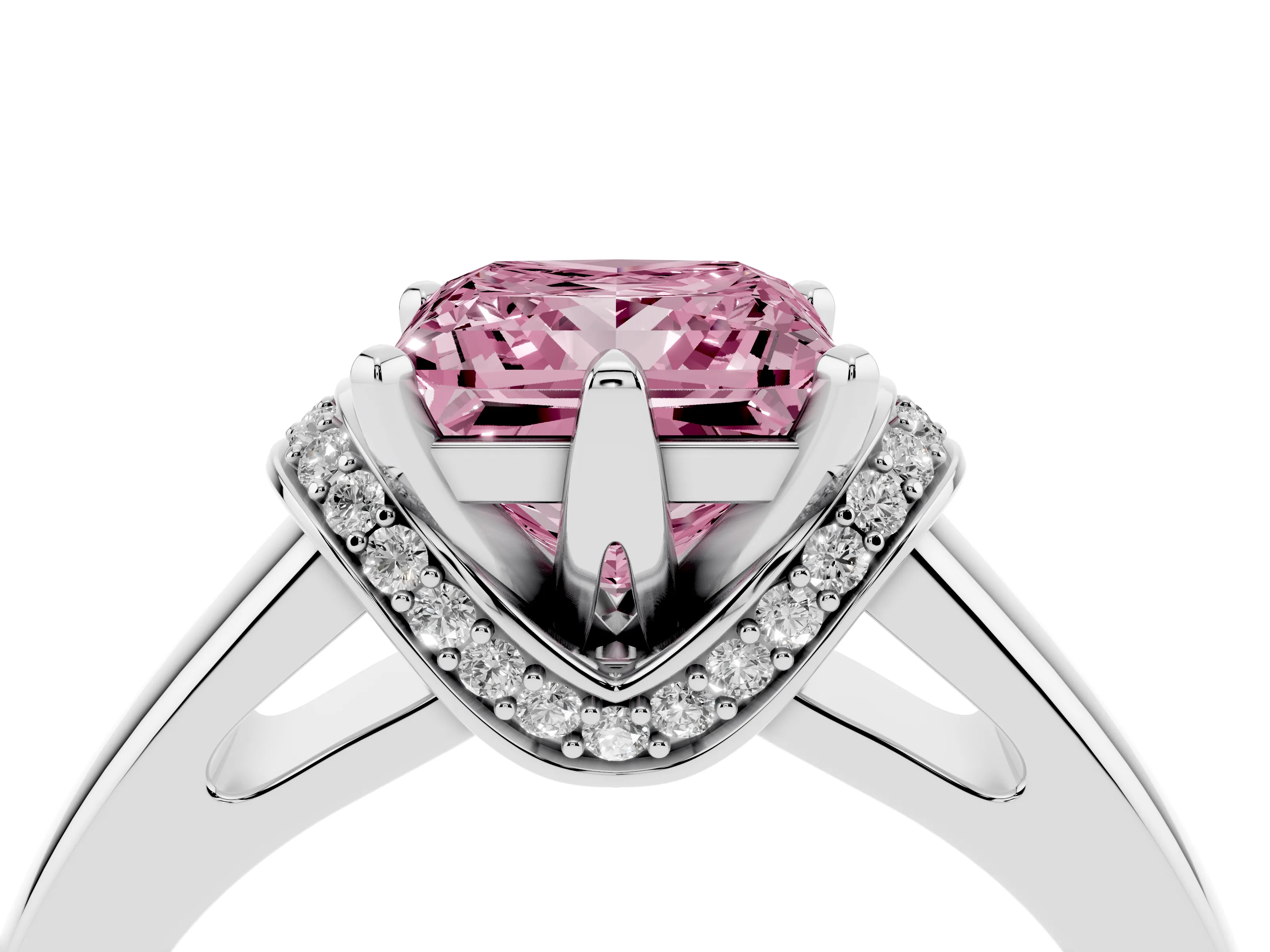 Fancy Pink Princess Cut Diamond Pavé Band Solitaire Ring Set in Platinum with Prong Setting