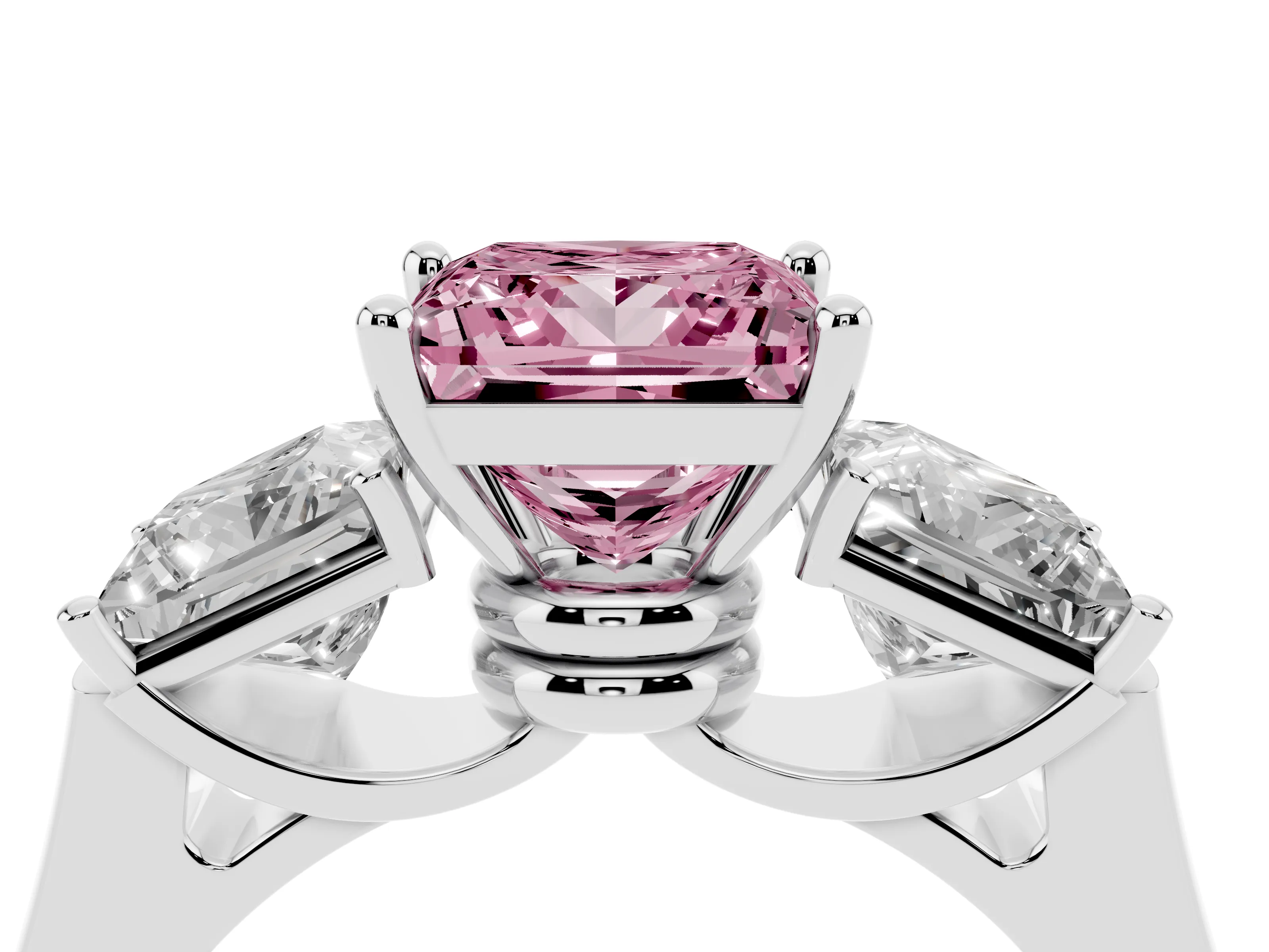Fancy Pink Princess Cut Diamond Three-Stone Trellis Ring Set in Platinum with Comfort Fit Band