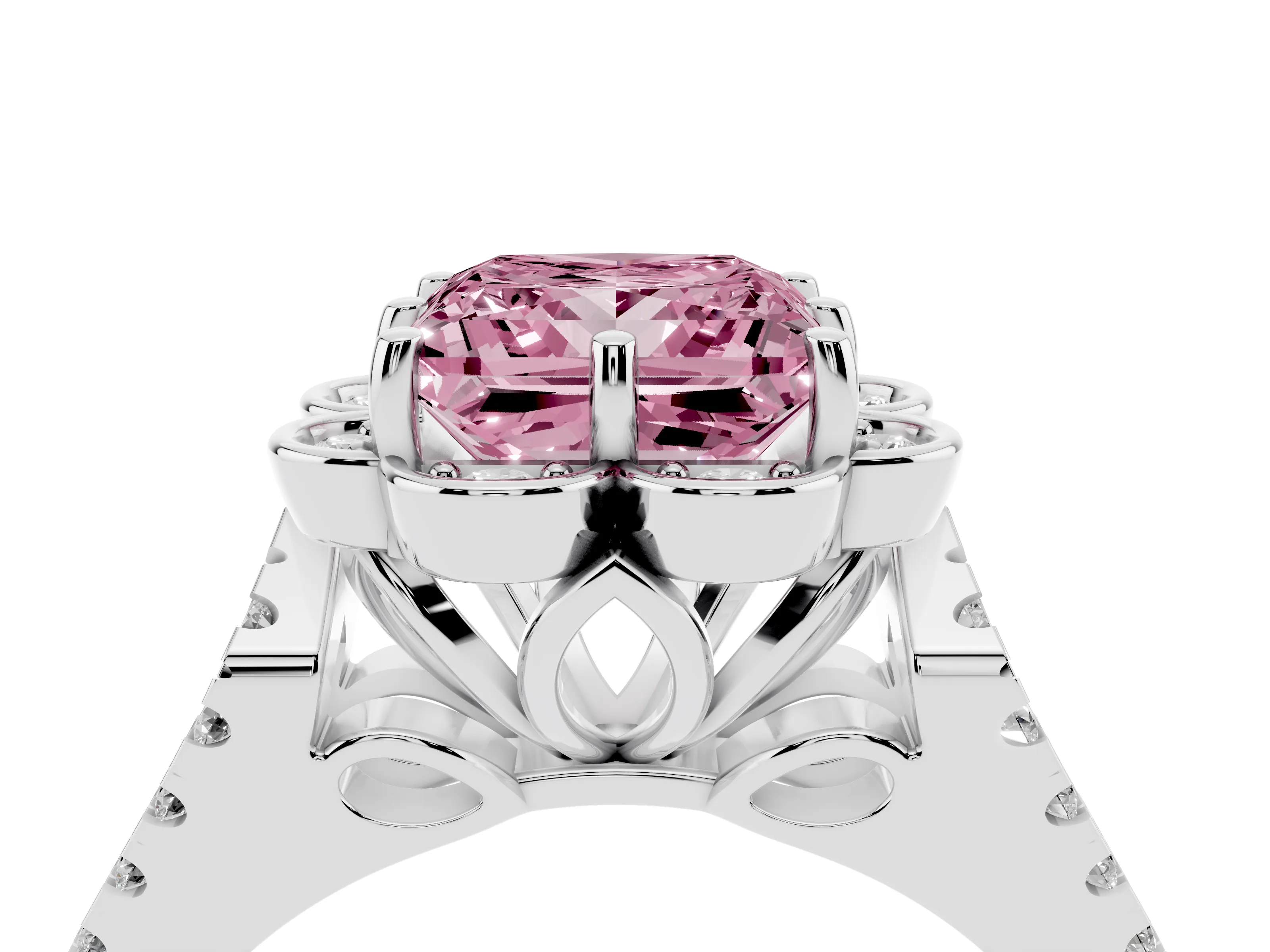 Fancy Pink Princess Cut Diamond Floral Halo Split Shank Engagement Ring Set in White gold with Pavé Shank