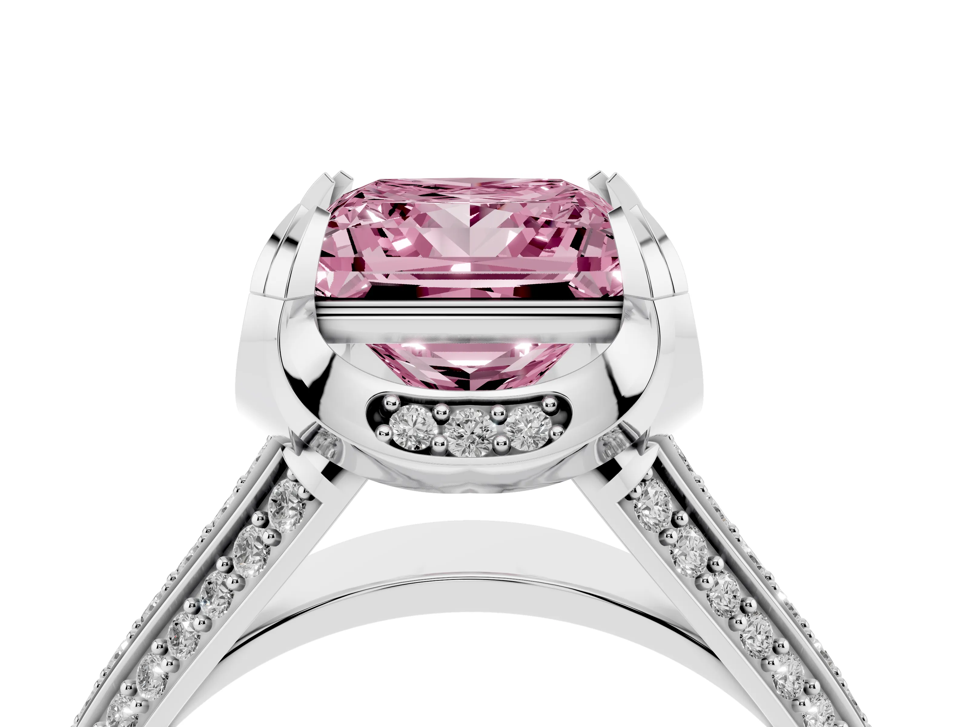 Fancy Pink Princess Cut Diamond Pavé Split Shank Solitaire Ring Set in Silver with Prong Setting