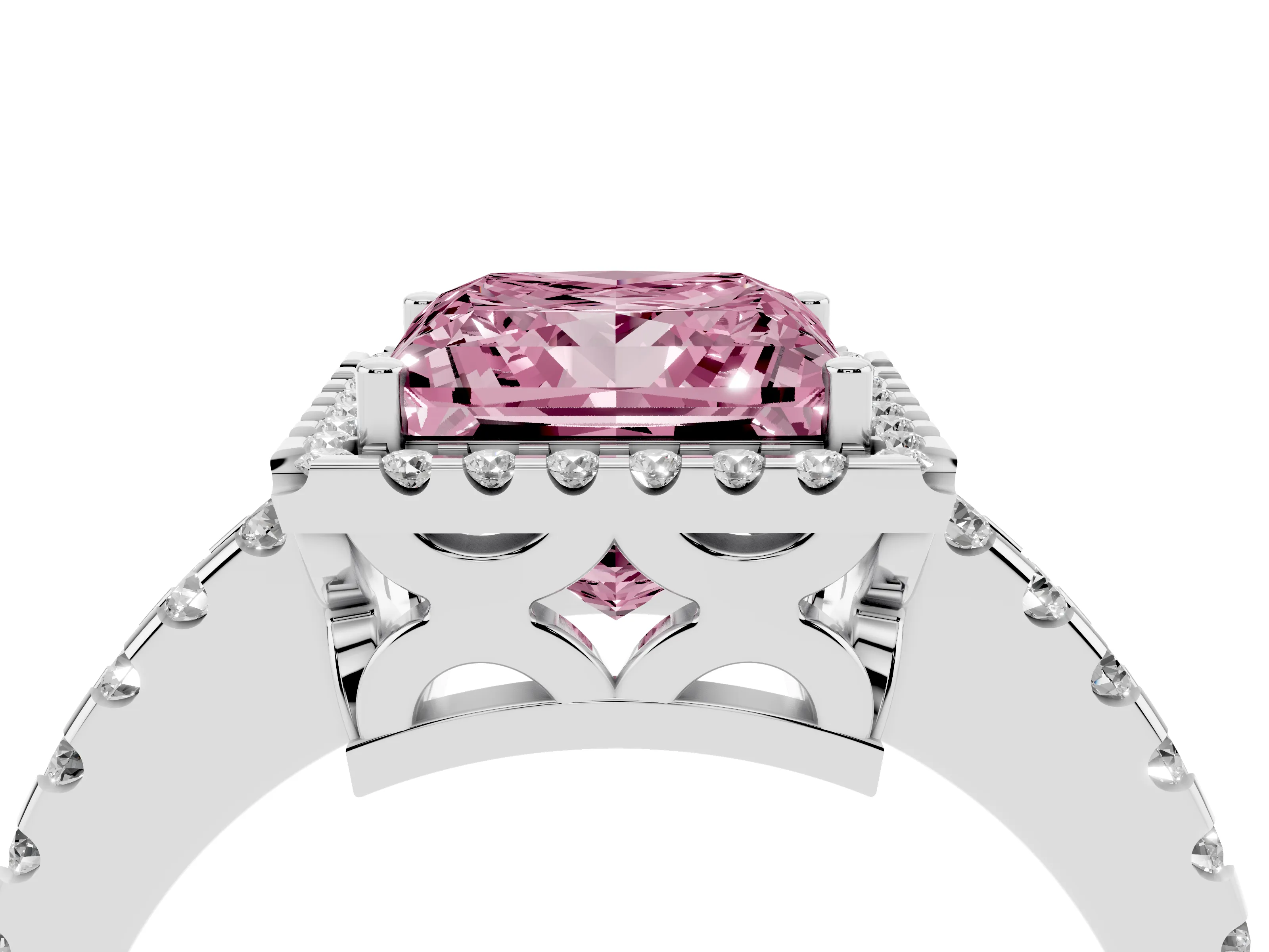 Fancy Pink Princess Cut Diamond Halo Ring Set in White gold with Pavé Shoulders and Halo-Framed Center