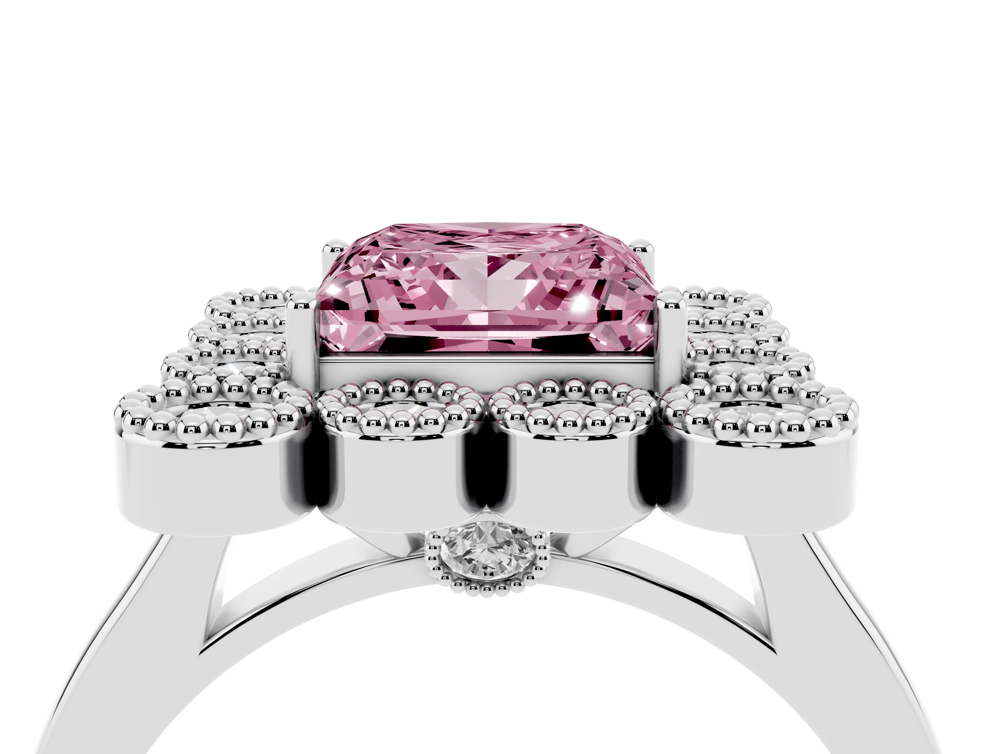 Fancy Pink Princess Cut Diamond Cluster Halo Ring Set in White gold with Milgrain Bezel Accents and Plain Band