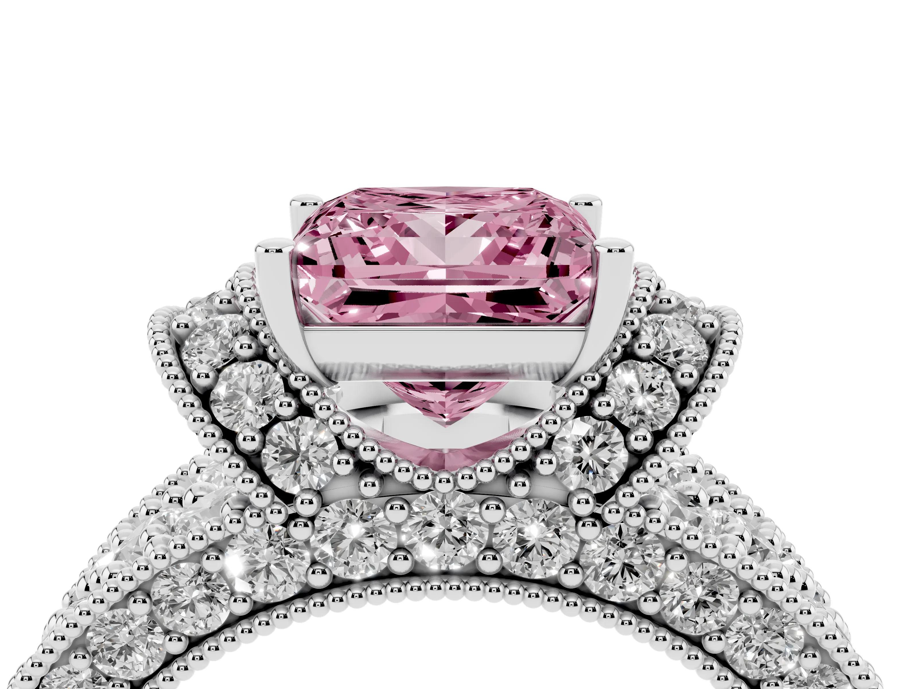 Fancy Pink Princess Cut Diamond Milgrain Halo Pavé Engagement Ring Set in White gold with Prong Setting