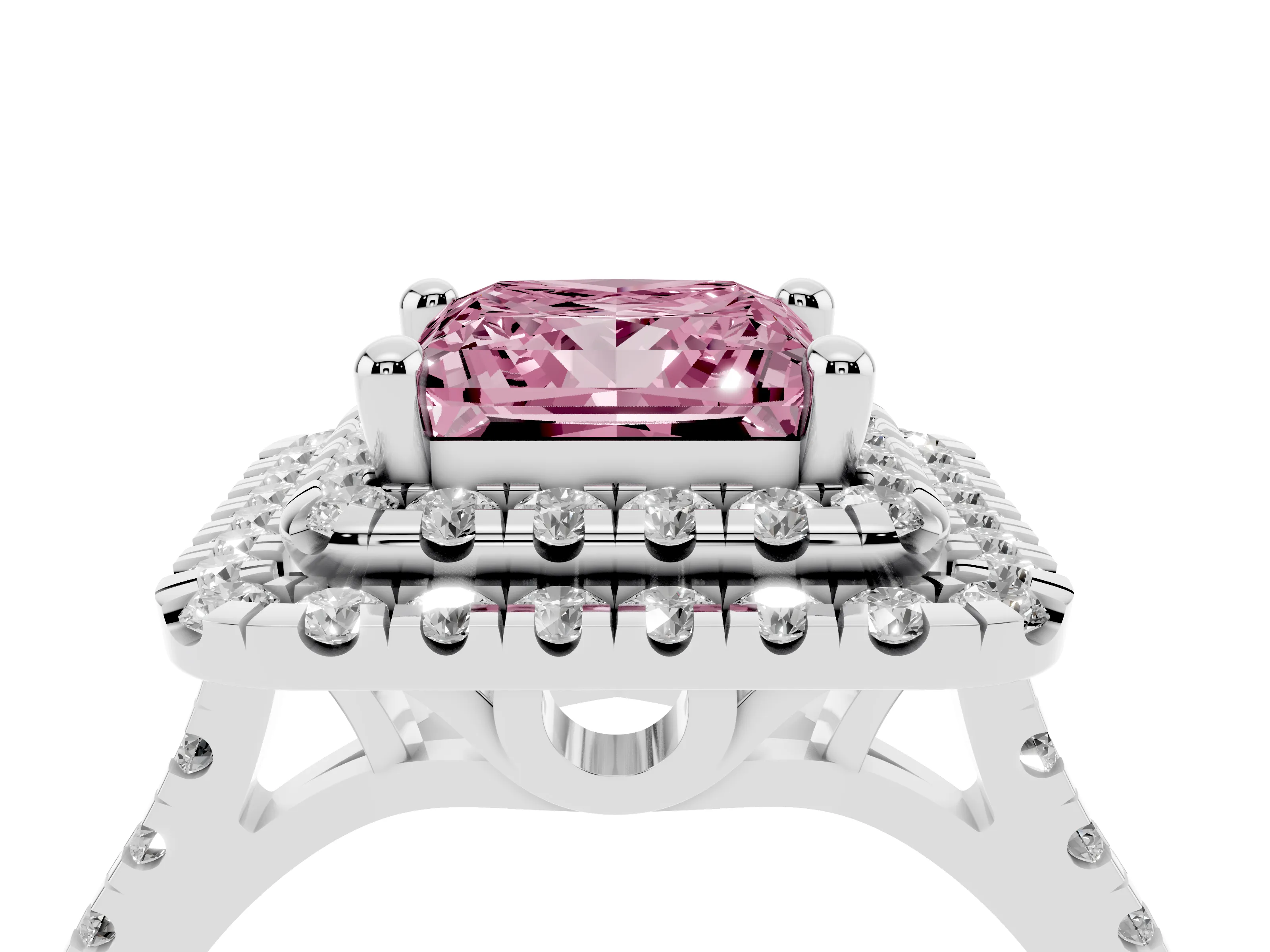 Fancy Pink Princess Cut Diamond Double Halo Statement Ring Set in White gold with Pavé Band