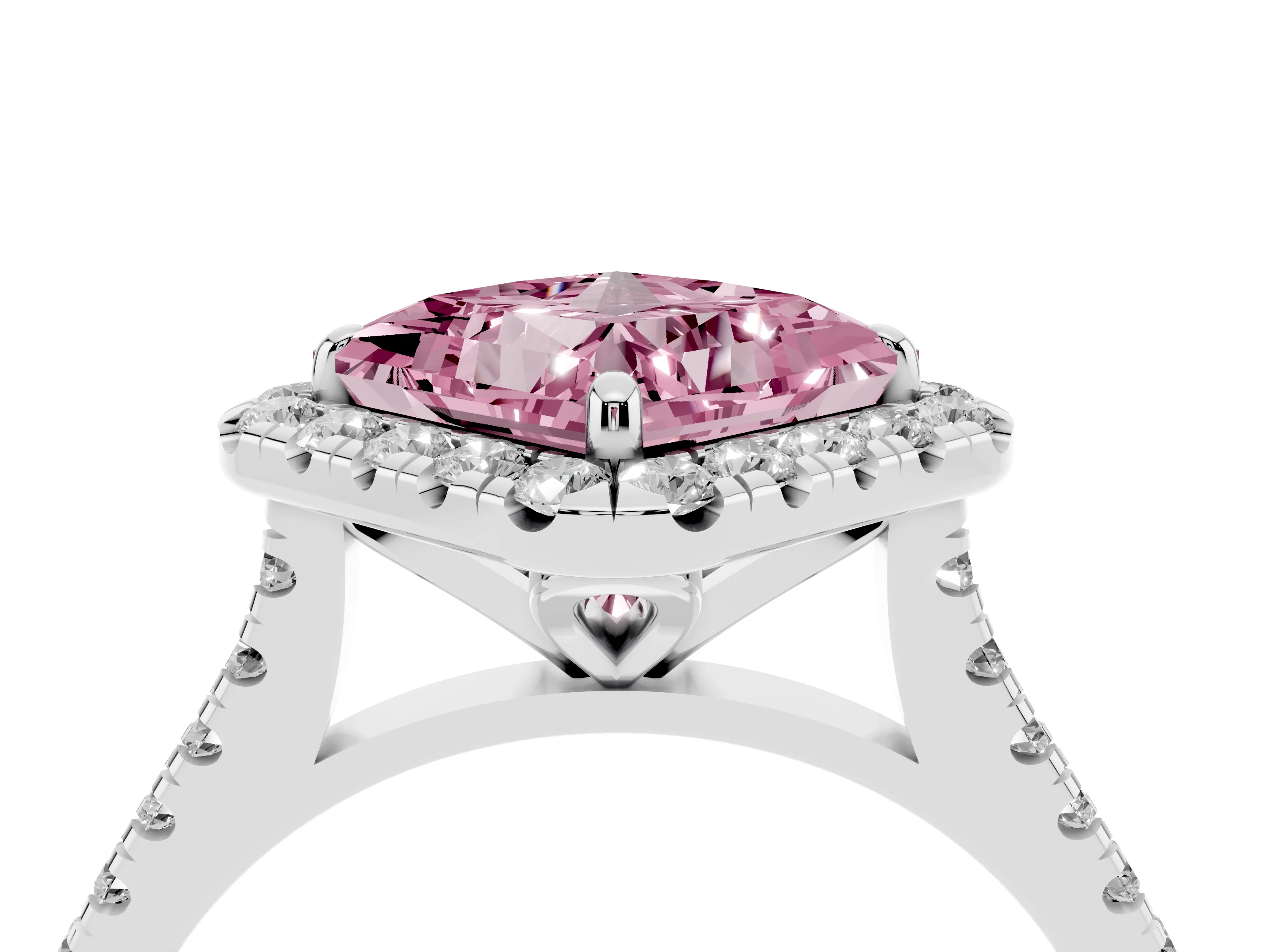 Fancy Pink Princess Cut Diamond Cushion Halo Ring Set in White gold with Pavé Band
