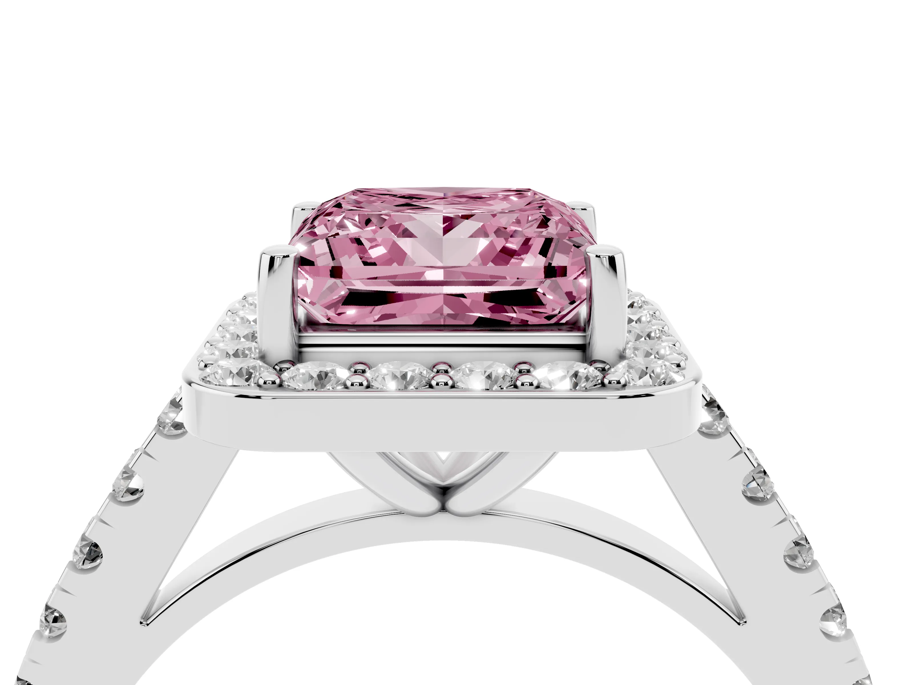 Fancy Pink Princess Cut Diamond Halo Ring Set in White gold with Round Pavé Split Shank and Prong Setting