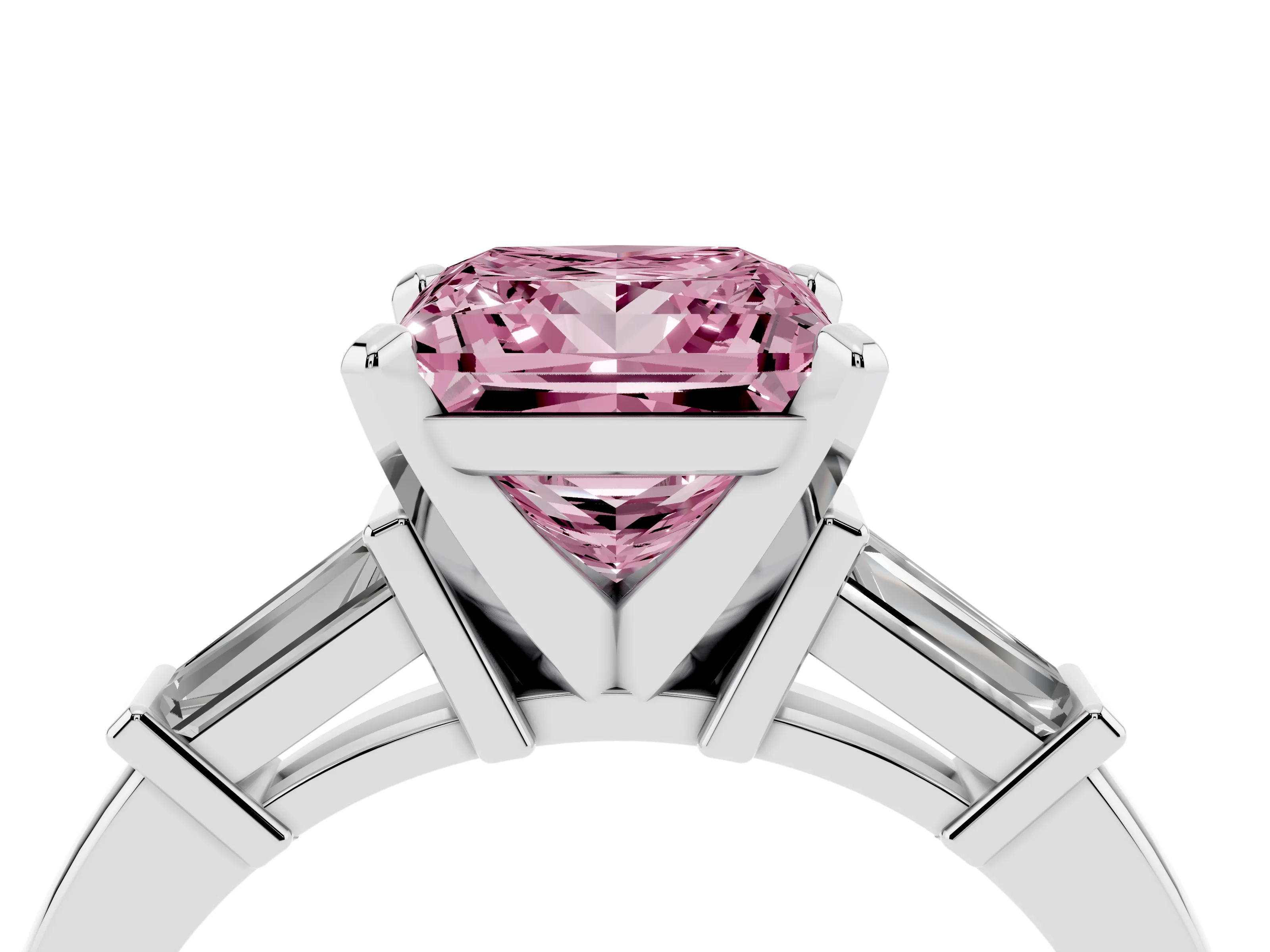 Fancy Pink Princess Cut Diamond Solitaire Ring Set in White gold with Tapered Baguette Accents and Prong Setting