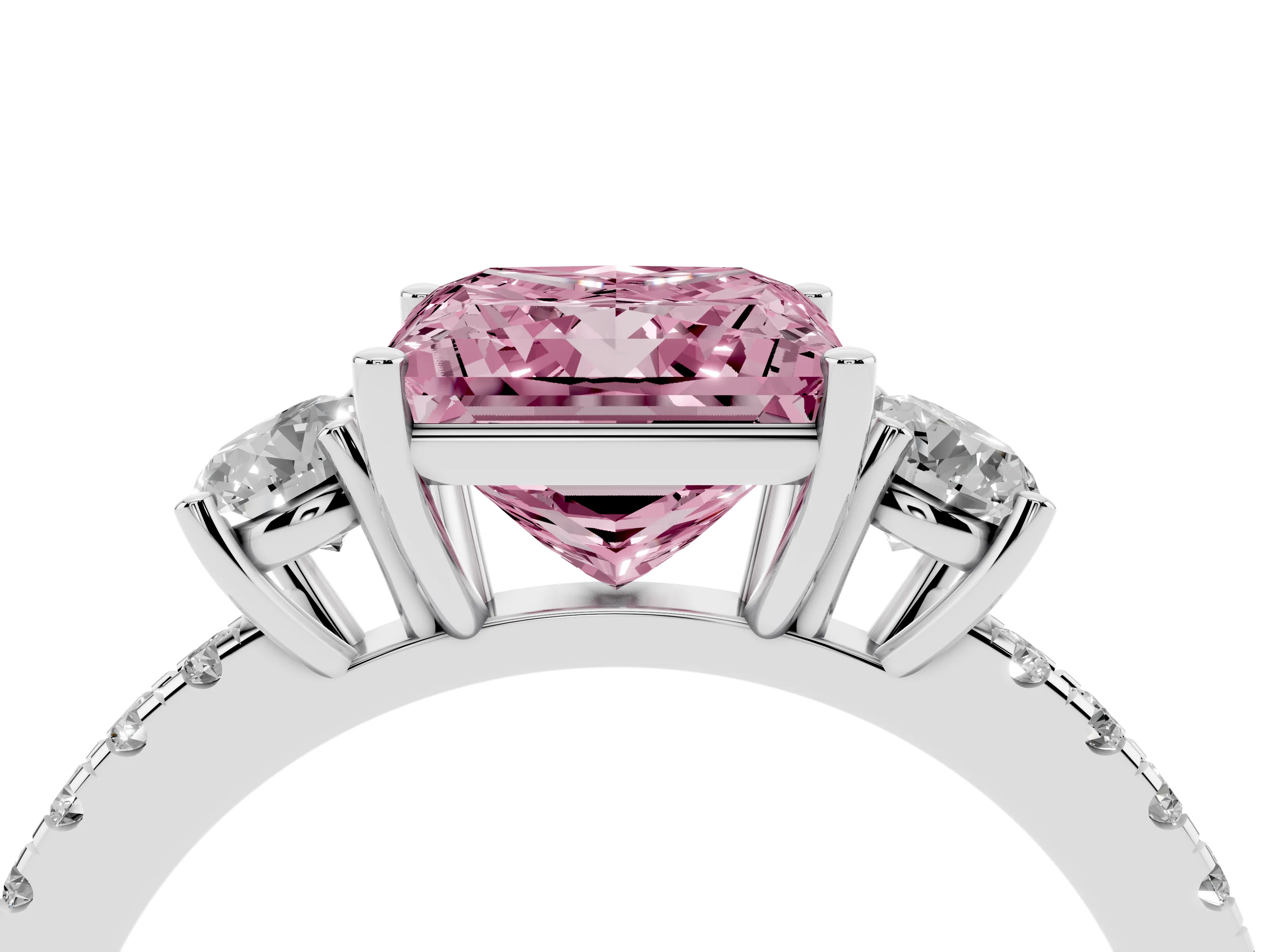 Fancy Pink Princess Cut Diamond Three-Stone Ring Set in Silver with Pavé Band and Graduated Sides