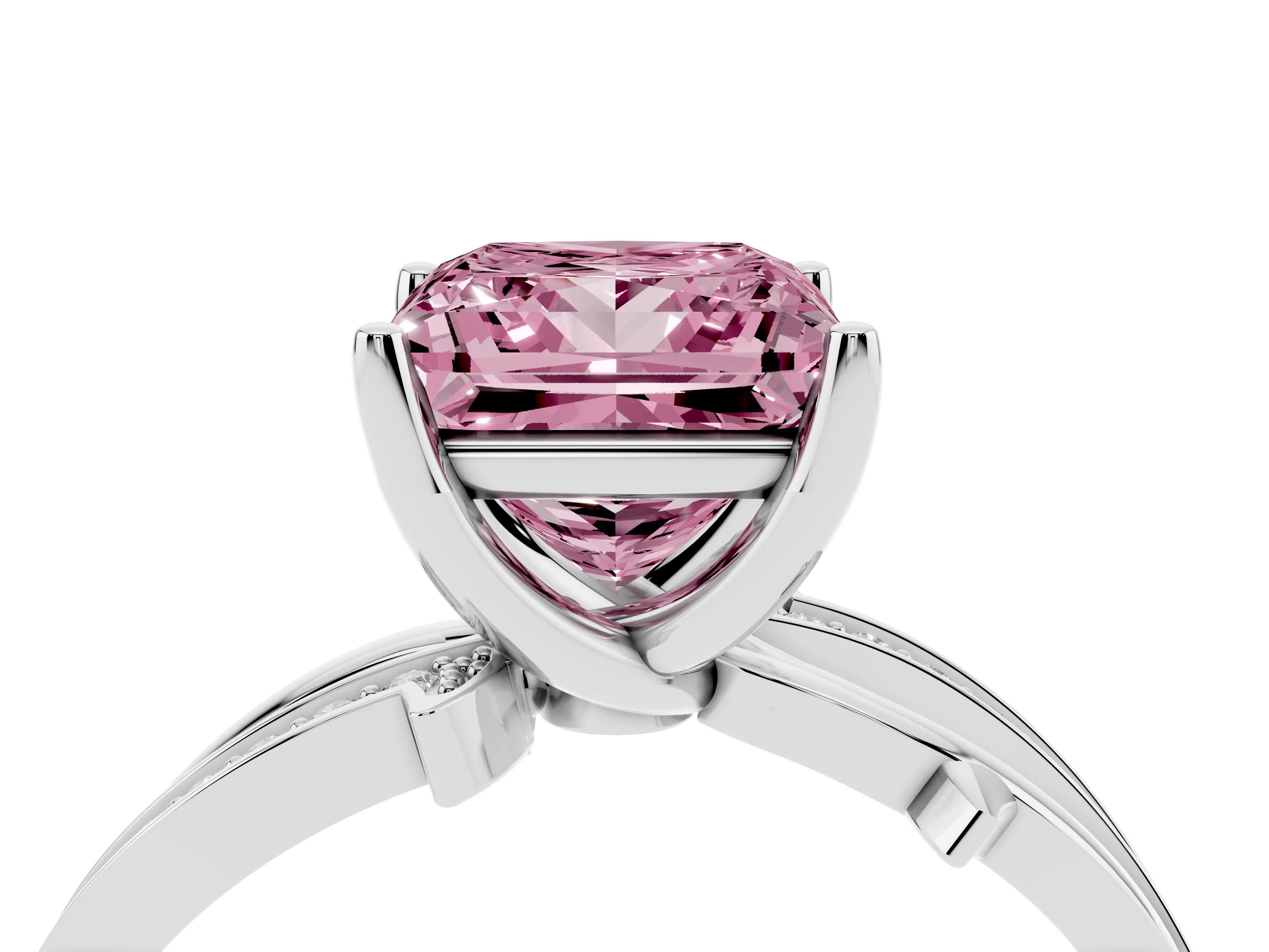 Fancy Pink Princess Cut Diamond Pavé Twist Band Solitaire Ring Set in Silver with Prong Setting